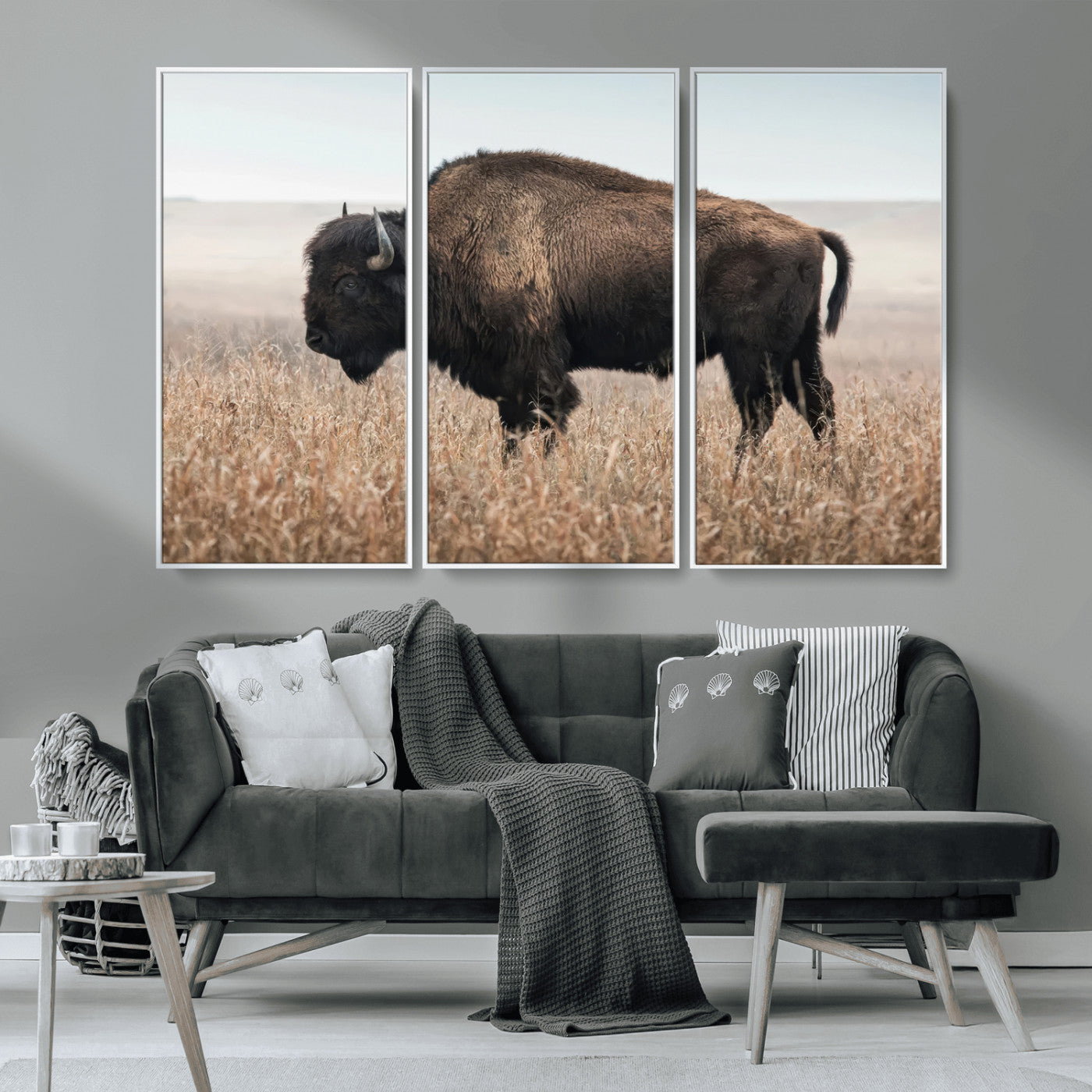 -American Bison Field Wall Art Canvas Print – Majestic Buffalo Grazing Wide Open Plains Wildlife Artwork for Home, Office