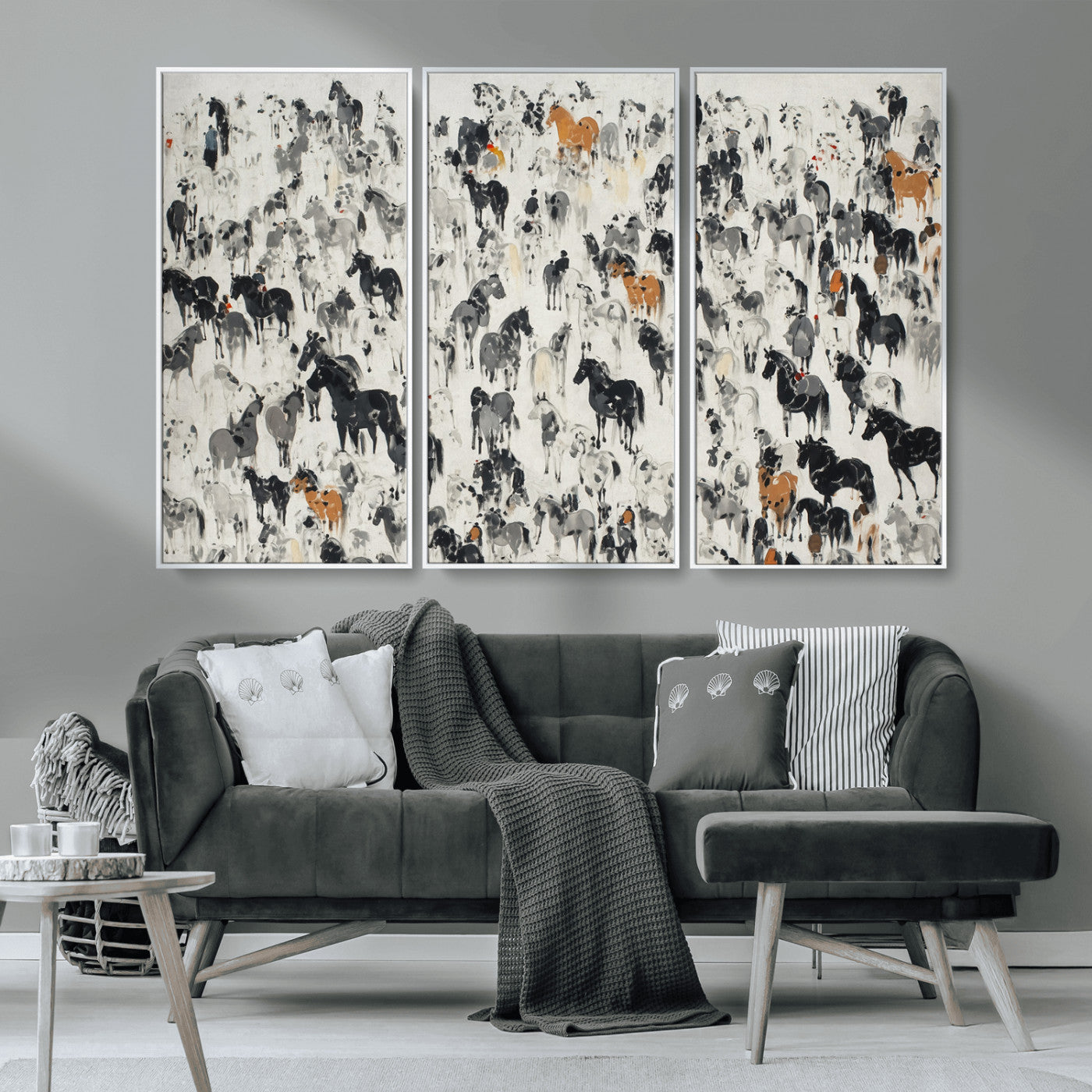 56463722-MGV-CV-36X24-Wild Horse Stampede Wall Art Canvas Print – Monochrome Running Horses Dynamic Motion Elegant Scene Artwork for Home, Office