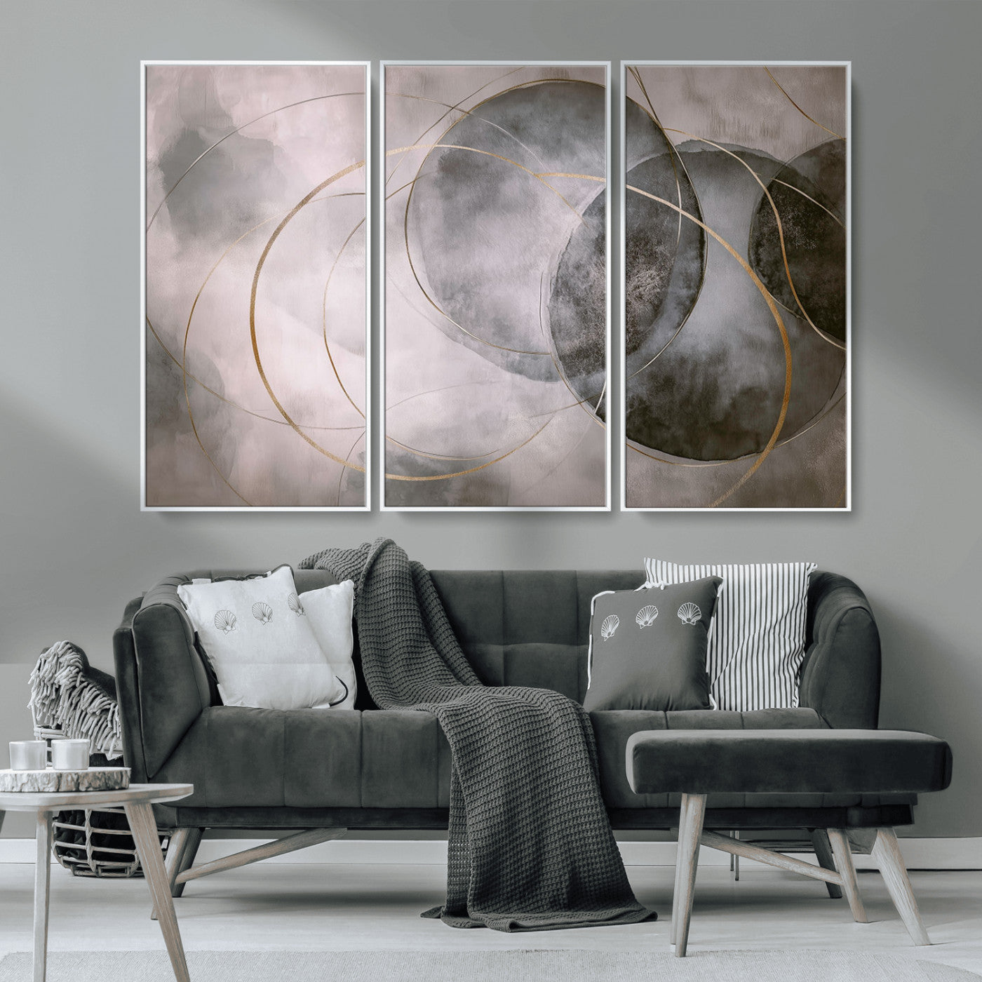 20066876-MGV-CV-36X24-Abstract Grey Gold Circle Wall Art – Modern Geometric Canvas Artwork, Minimal Elegant Design, Luxury Wall Decor for Home, Office