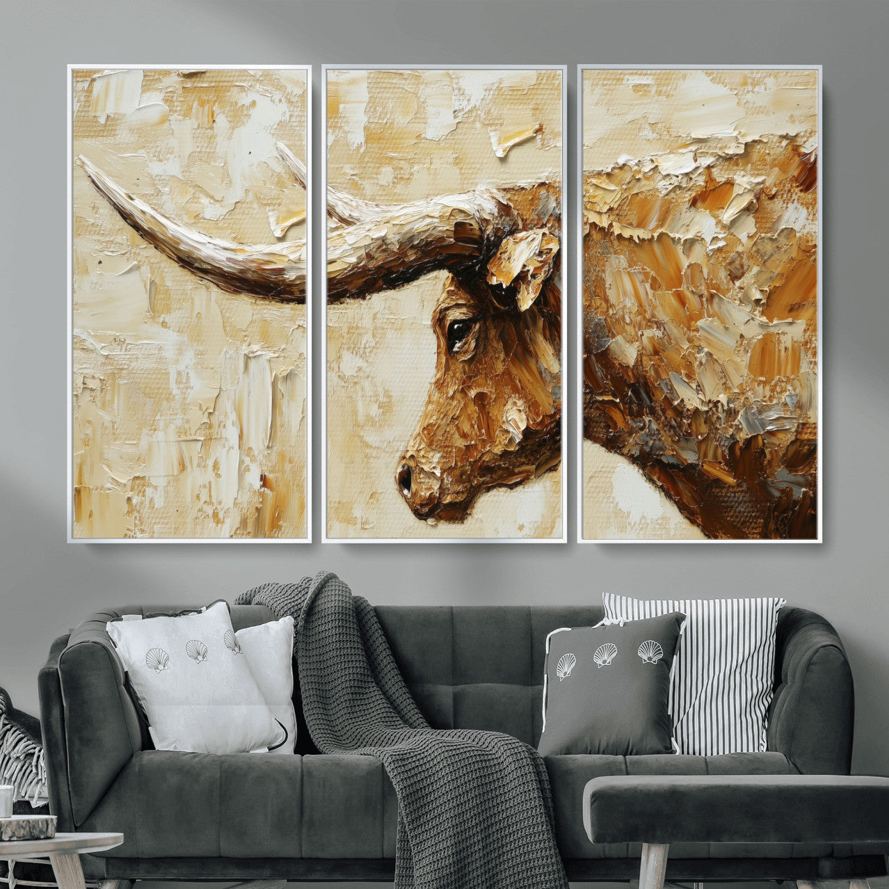 69611428-MGV-CV-36X24 - Rustic Longhorn Bull Wall Art Canvas Print – Vintage Western Cattle Painting, Texas Abstract Wall Cow Prints