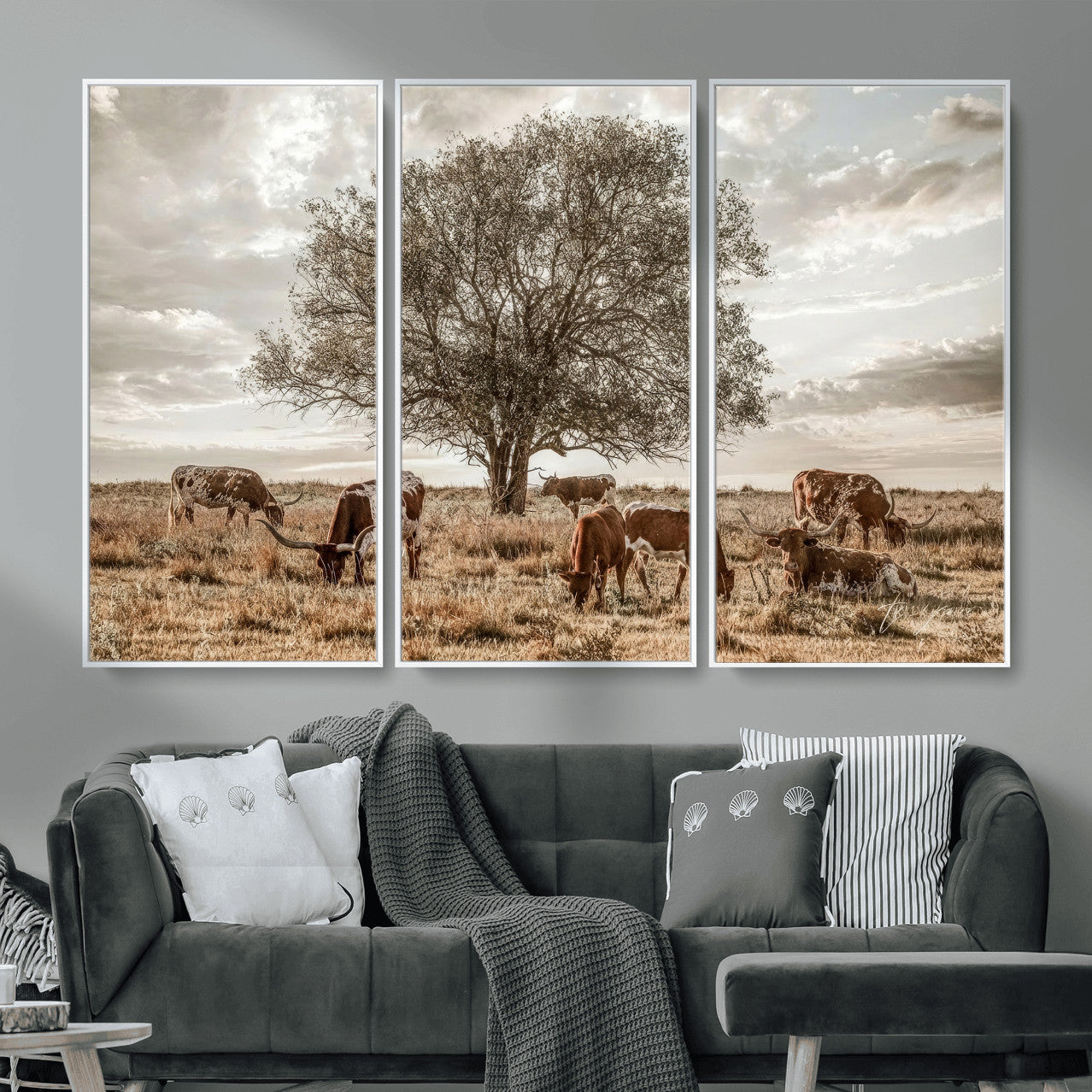 87590224-MGV-CV-36X24 - Texas Longhorn Cattle Wall Art Canvas Print – Rustic Western Ranch Scene with Steers at Sunset, Perfect for Farmhouse or Cowboy Decor