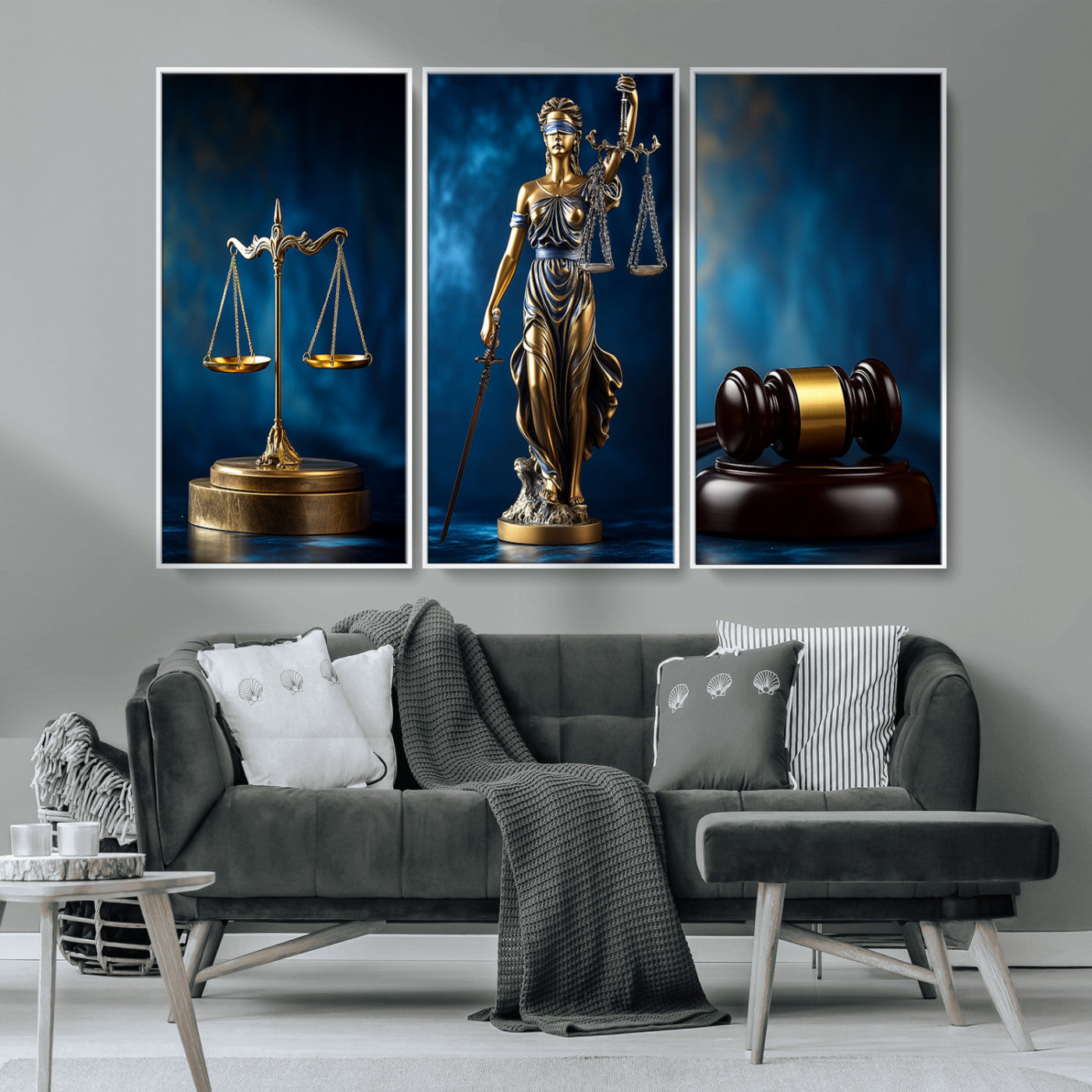 33888279-MGV-FP-36X24-3P_Walnut-Lady Justice Wall Art Canvas Print – Elegant Gold Legal Symbols Blue Background, Perfect for Law