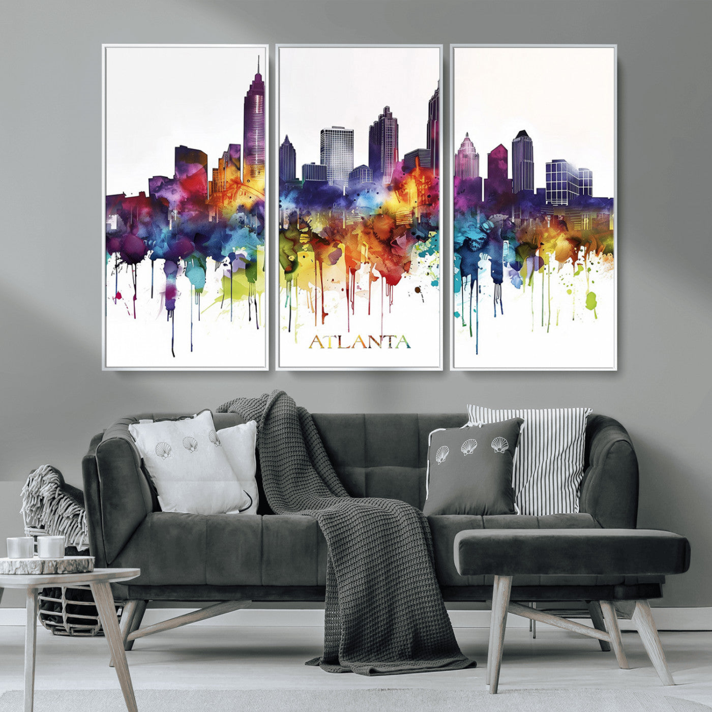 36048320-MGV-CV-36X24-Atlanta Skyline Wall Art Canvas Print – Framed Colorful Watercolor Cityscape Abstract Urban Artwork for Home, Office