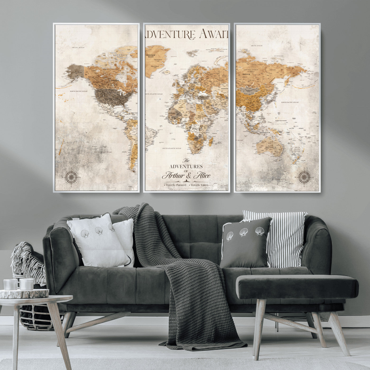 Rehber01-MGV-CV-36X24-Personalized World Map Canvas Print – Custom Push Pin Travel Map Vintage Neutral Style Gift for Couples Travelers for Home Office
