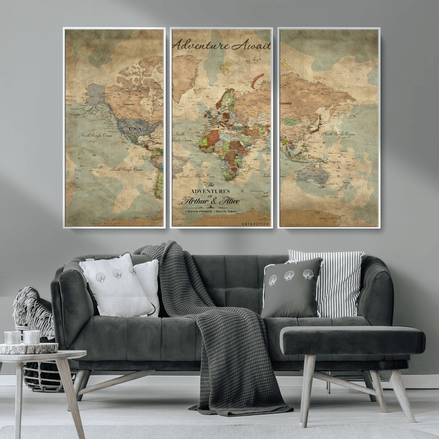 Rehber01-MGV-CV-36X24-Personalized Vintage World Map Canvas Print – Custom Push Pin Travel Map Antique Style Gift for Couples Travelers for Home Office