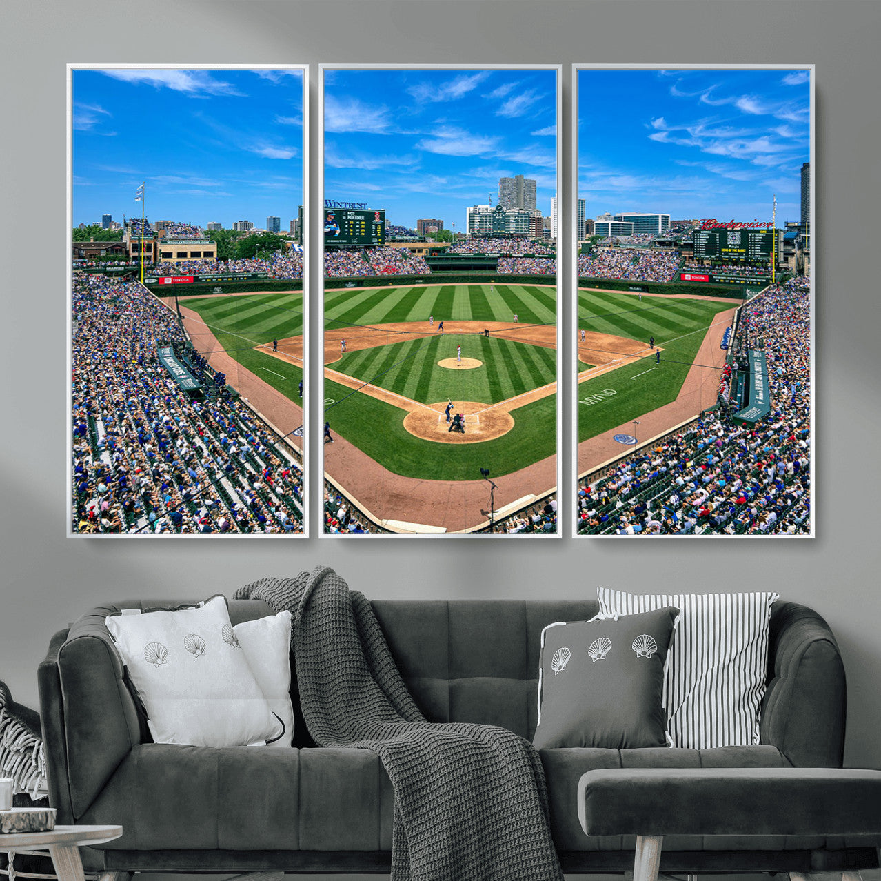 35800083-MGV-FC-48X32-3P - Wrigley Field Baseball Stadium Canvas Wall Art – Packed Crowd Sports Stadium City Skyline Artwork for Home Office