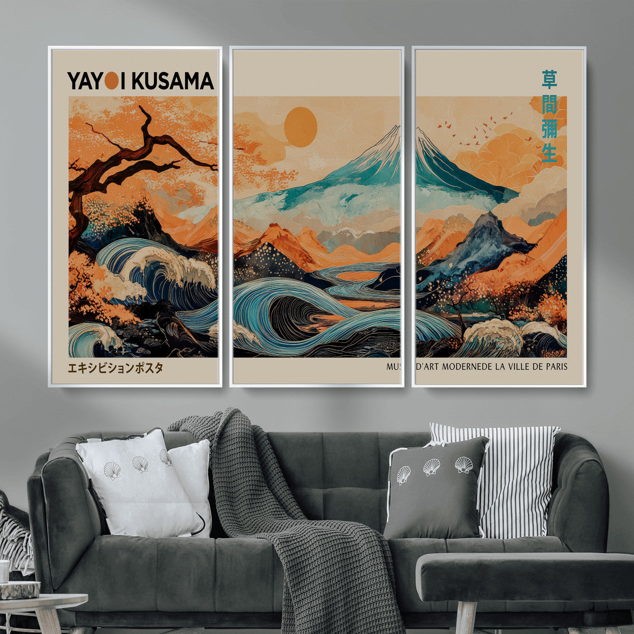 94085549-MGV-CV-36X24 - Yayoi Kusama Japanese Landscape Wall Art Canvas Print – Modern Abstract Mount Fuji Wall Art - Japanese Waves & Autumn Trees Print