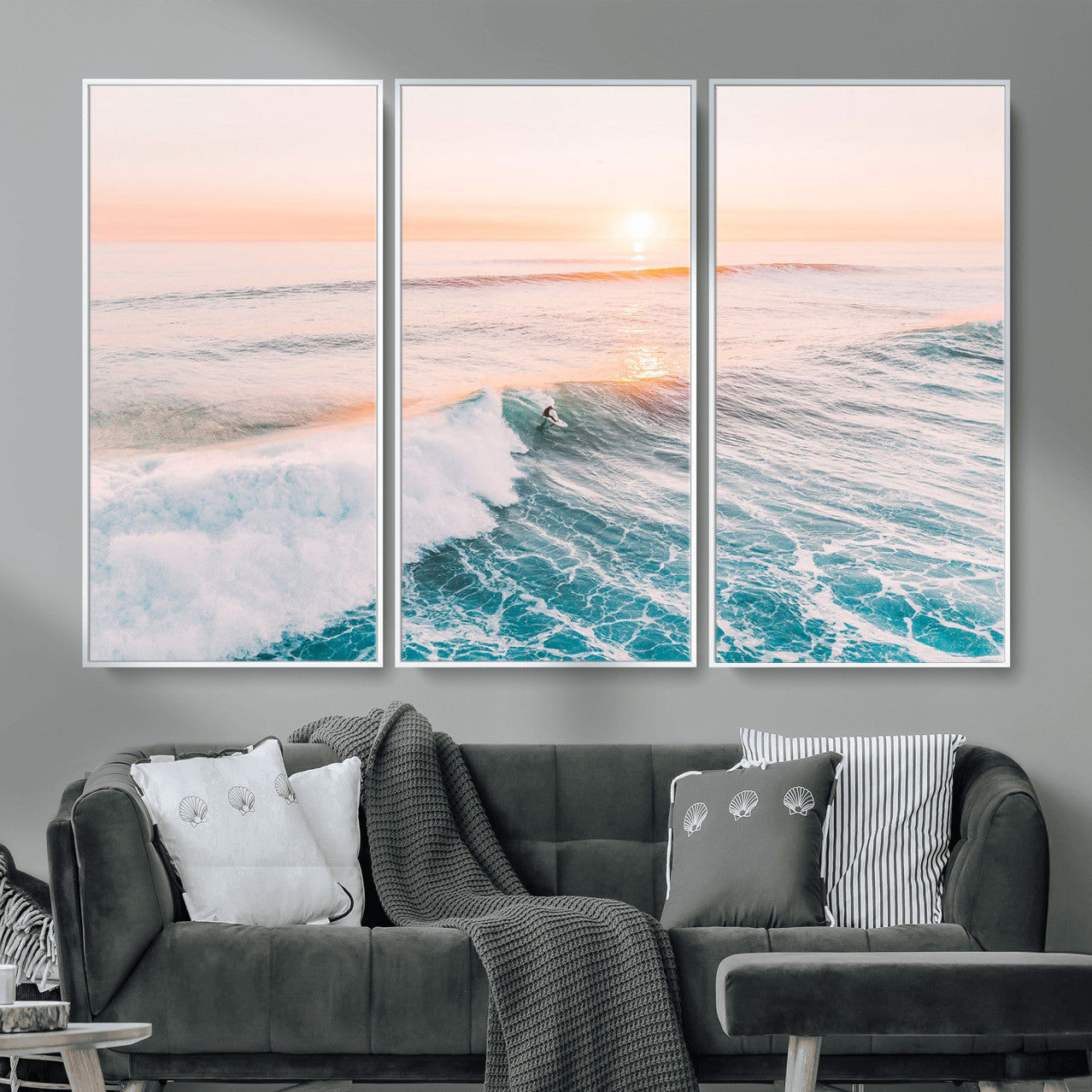 34064591-MGV-CV-36X24 - Sunset Surfing Wall Art Canvas Print, Ocean Wave Surfer with Golden Sky Artwork for Home, Office, Living Room