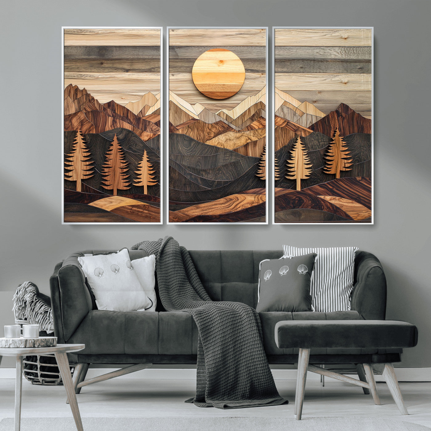 MGV-FC-48X32-3P - Wooden Mountain Layers Canvas Wall Art – Rustic Pine Tree Landscape with Sunlight Artistic Nature