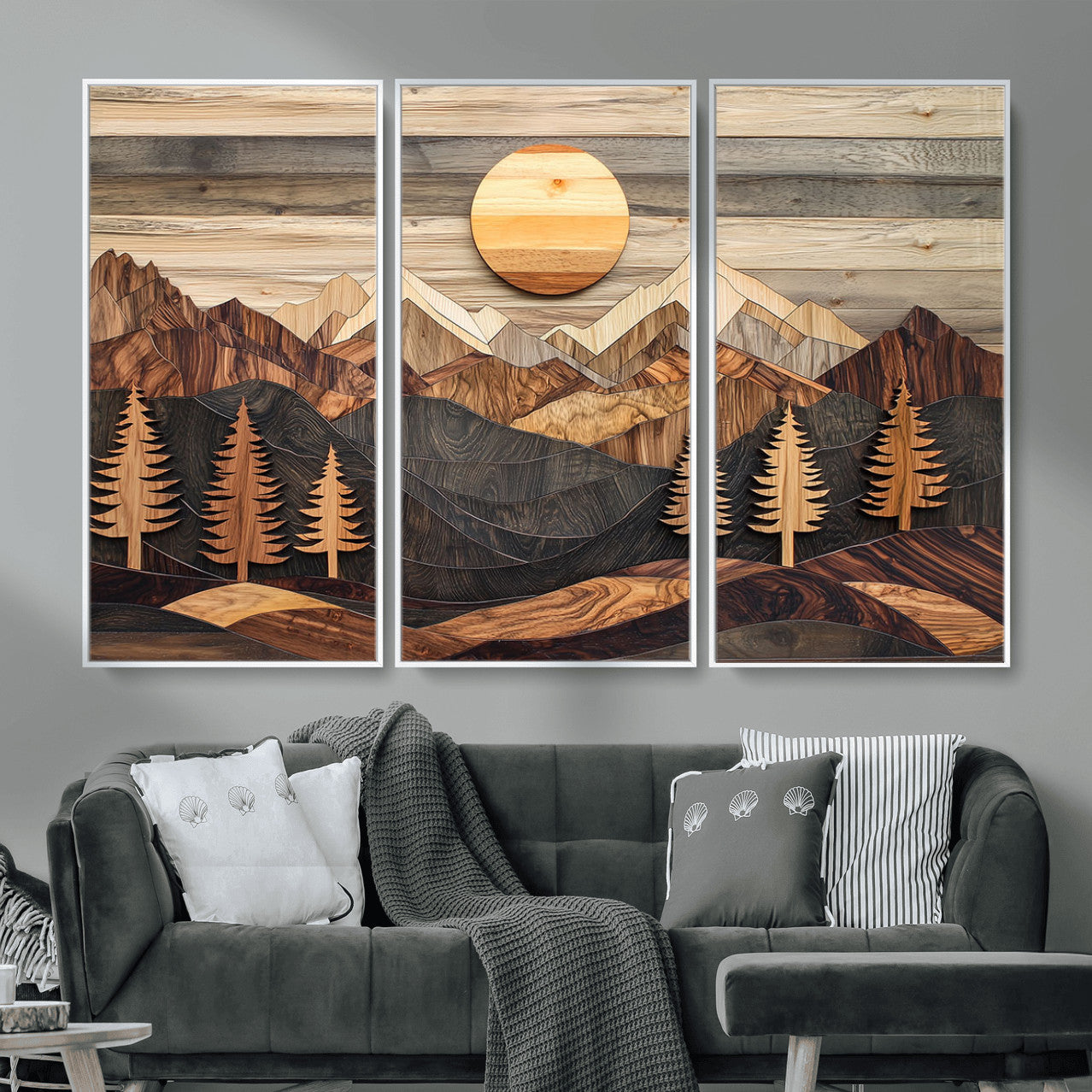 19832326-MGV-FC-48X32-3P - Wooden Mountain Landscape Layered Texture Geometric Shapes Sun Pine Trees Rustic Natural Tones Art