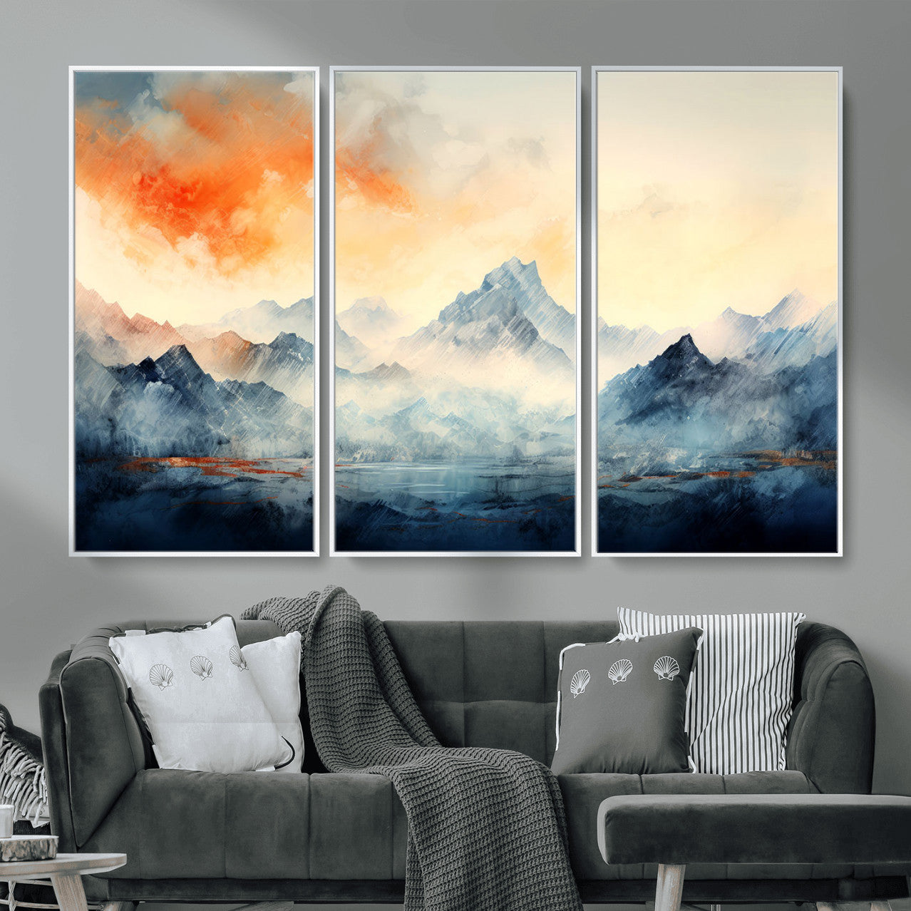 WRM1005-MGV-FC-48X32-3P - Warm Clouds Abstract Mountain Wall Art, Modern Landscape Canvas Print, Minimal Framed Artwork for Home, Office