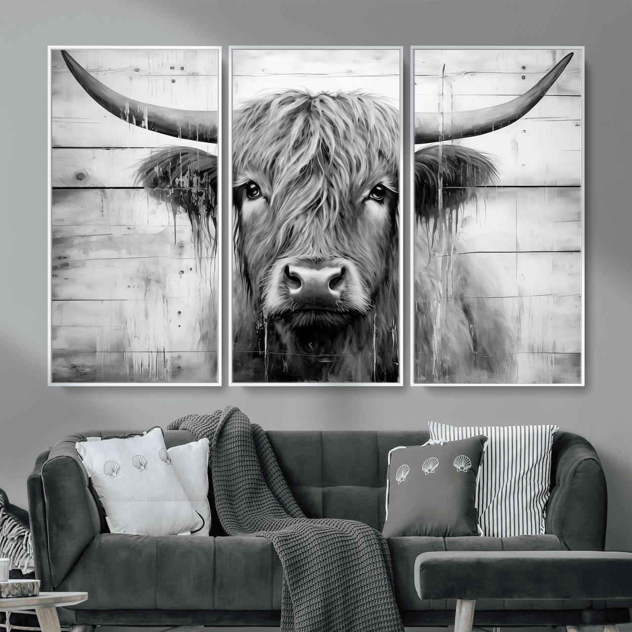 1001HASAN27-MGV-FC-48X32-3P - Black White Highland Cow Wall Art Canvas Print