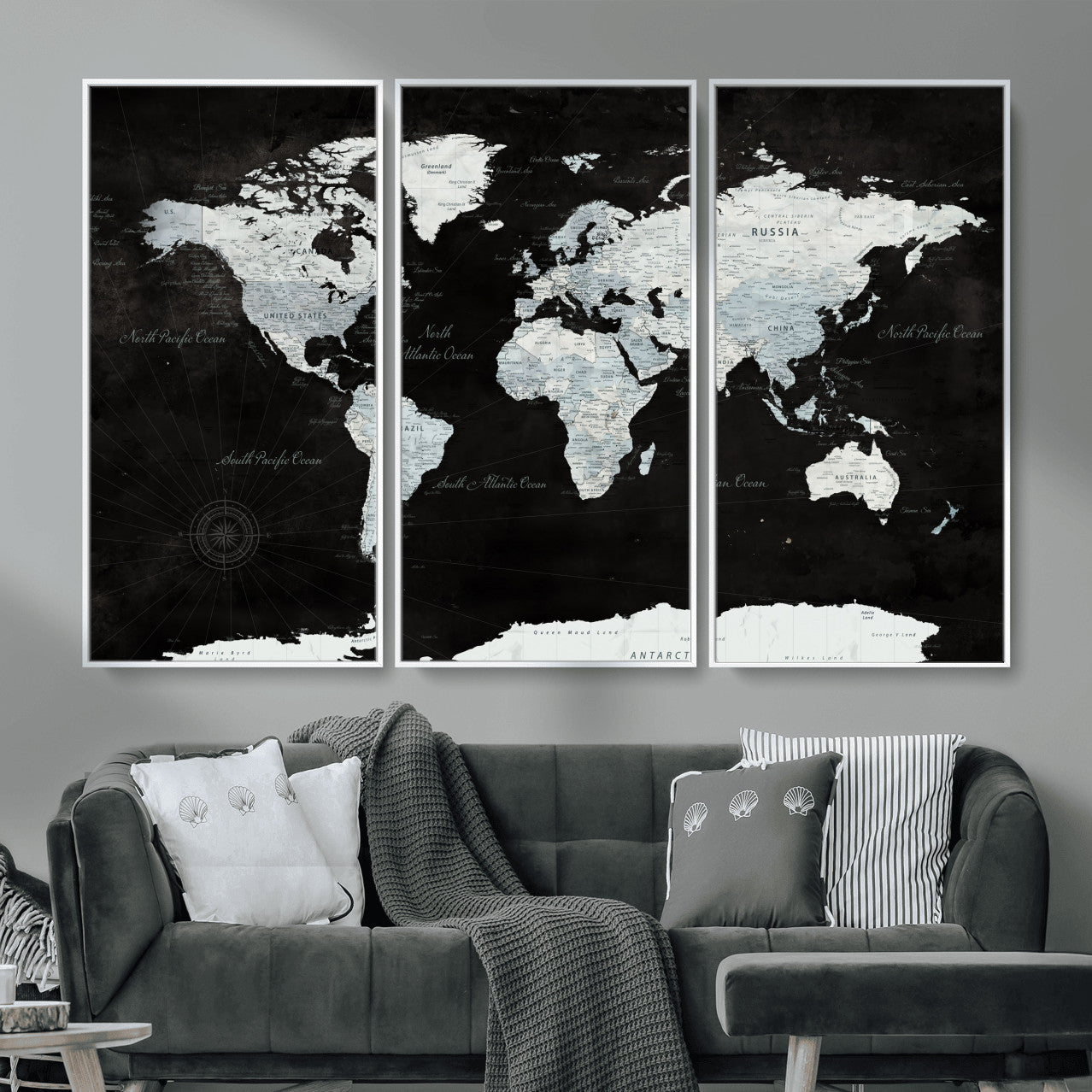30759283-MGV-FC-48X32-3P - World Map Wall Art Canvas Print, Modern Decorative Framed Map Artwork Prints for Living Room, Office, Bedroom Wall Decor