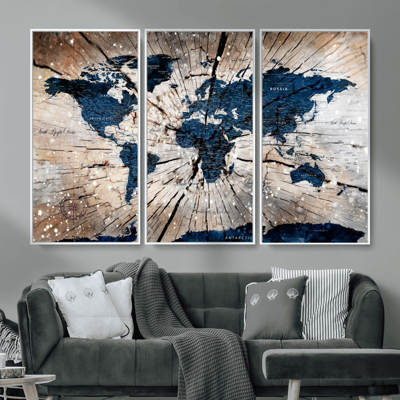 99001695-MGV-FC-48X32-3P - World Map Wall Art Canvas Print, Modern Decorative Framed Map Artwork Prints for Living Room, Office, Bedroom Wall Decor