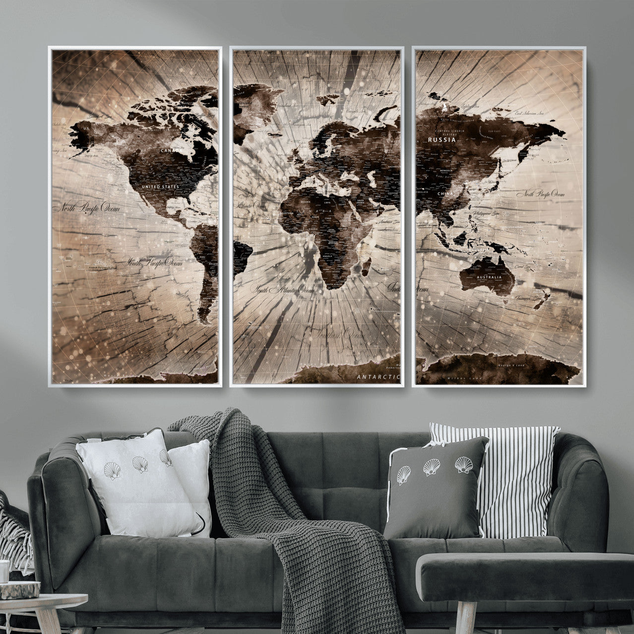35326624-MGV-FC-48X32-3P - World Map Wall Art Canvas Print, Modern Decorative Framed Map Artwork Prints for Living Room, Office, Bedroom Wall Decor