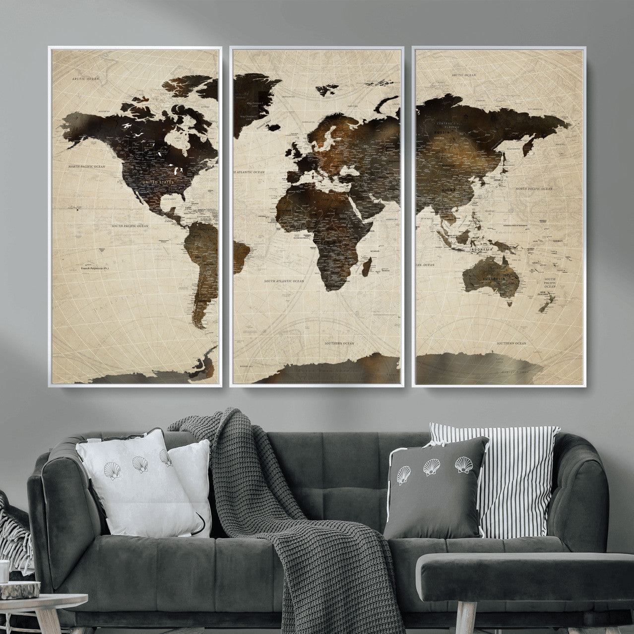 81771296-MGV-FC-48X32-3P - World Map Wall Art Canvas Print, Modern Decorative Framed Map Artwork Prints for Living Room, Office, Bedroom Wall Decor