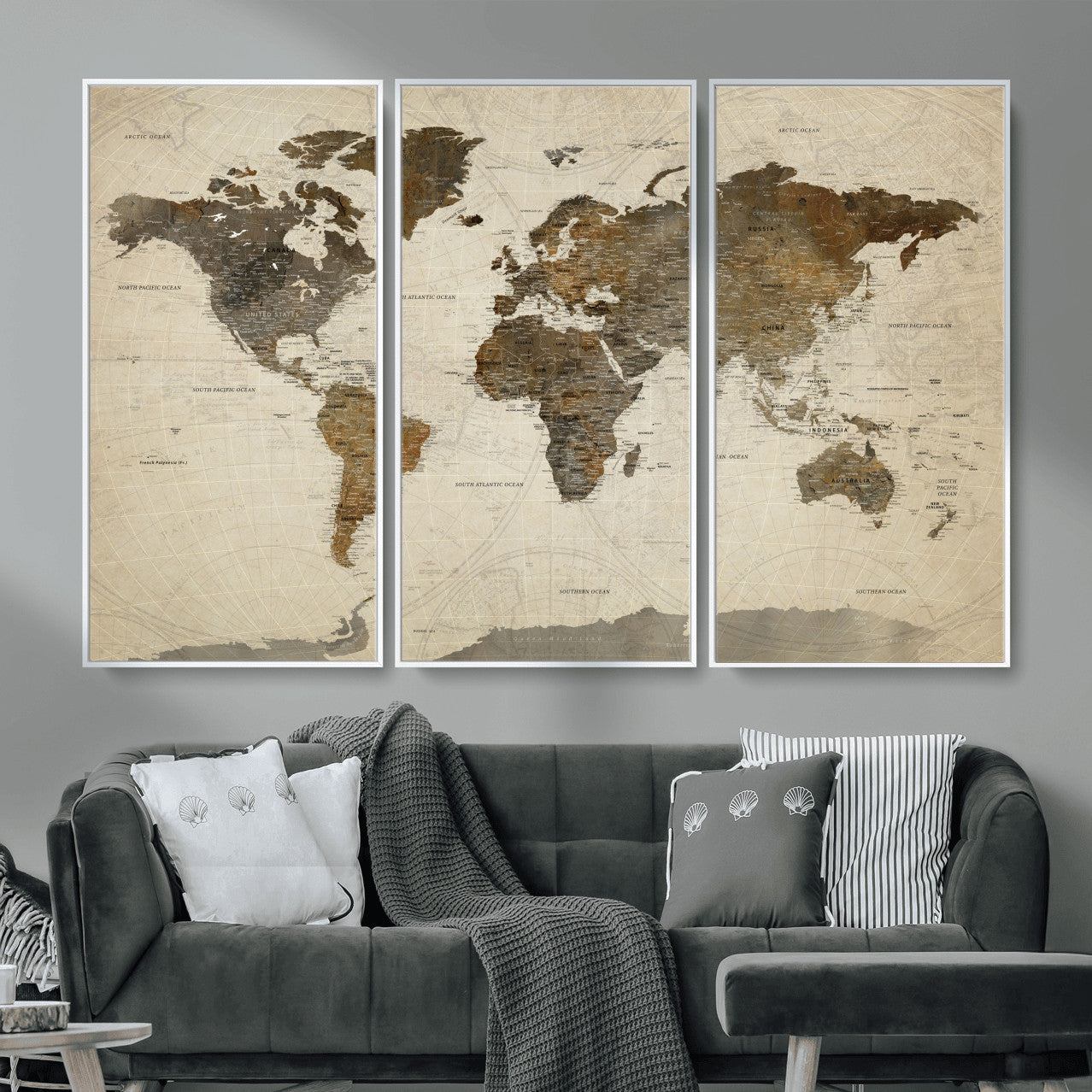 91849163-MGV-FC-48X32-3P - World Map Wall Art Canvas Print, Modern Decorative Framed Map Artwork Prints for Living Room, Office, Bedroom Wall Decor
