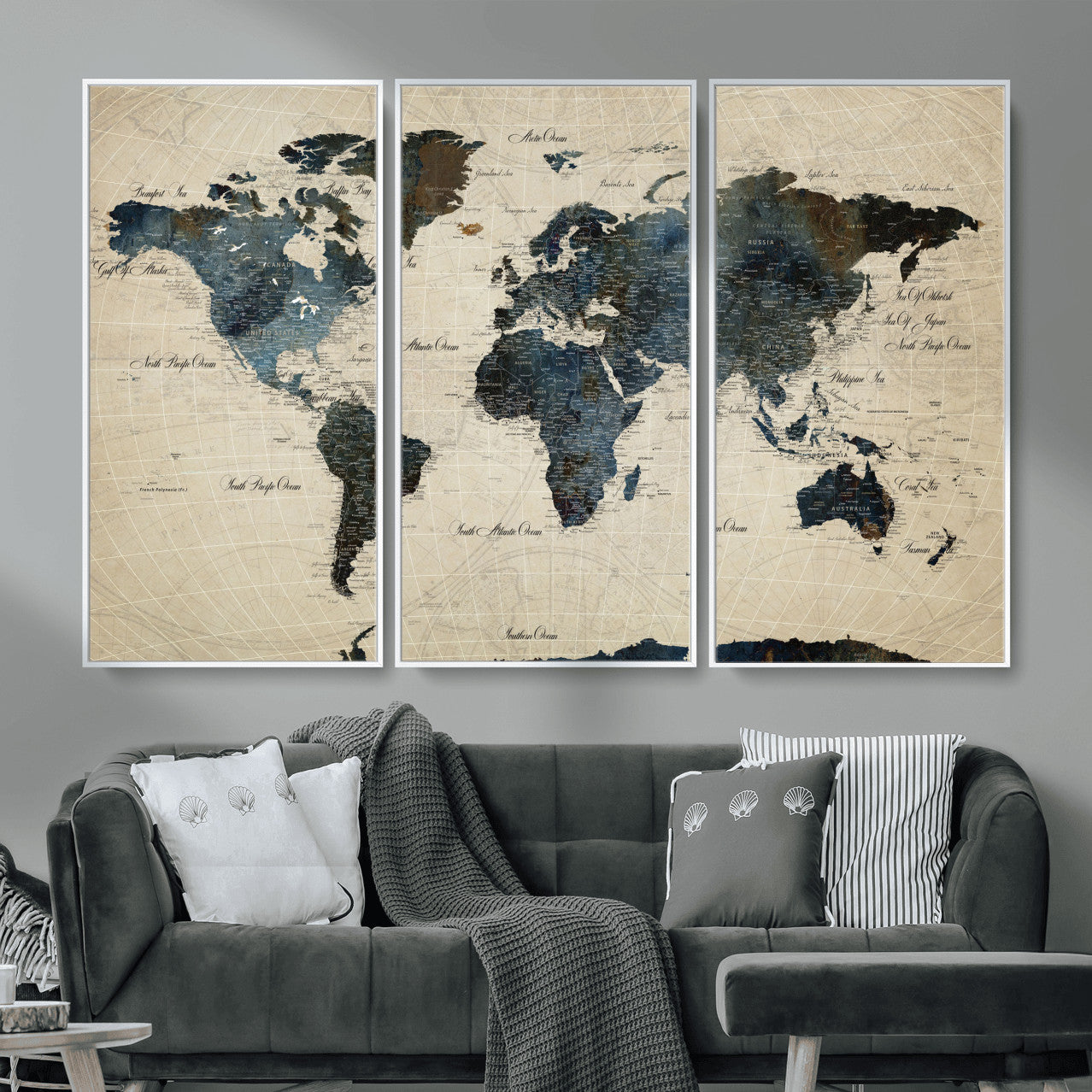 33438443-MGV-FC-48X32-3P - World Map Wall Art Canvas Print, Modern Decorative Framed Map Artwork Prints for Living Room, Office, Bedroom Wall Decor