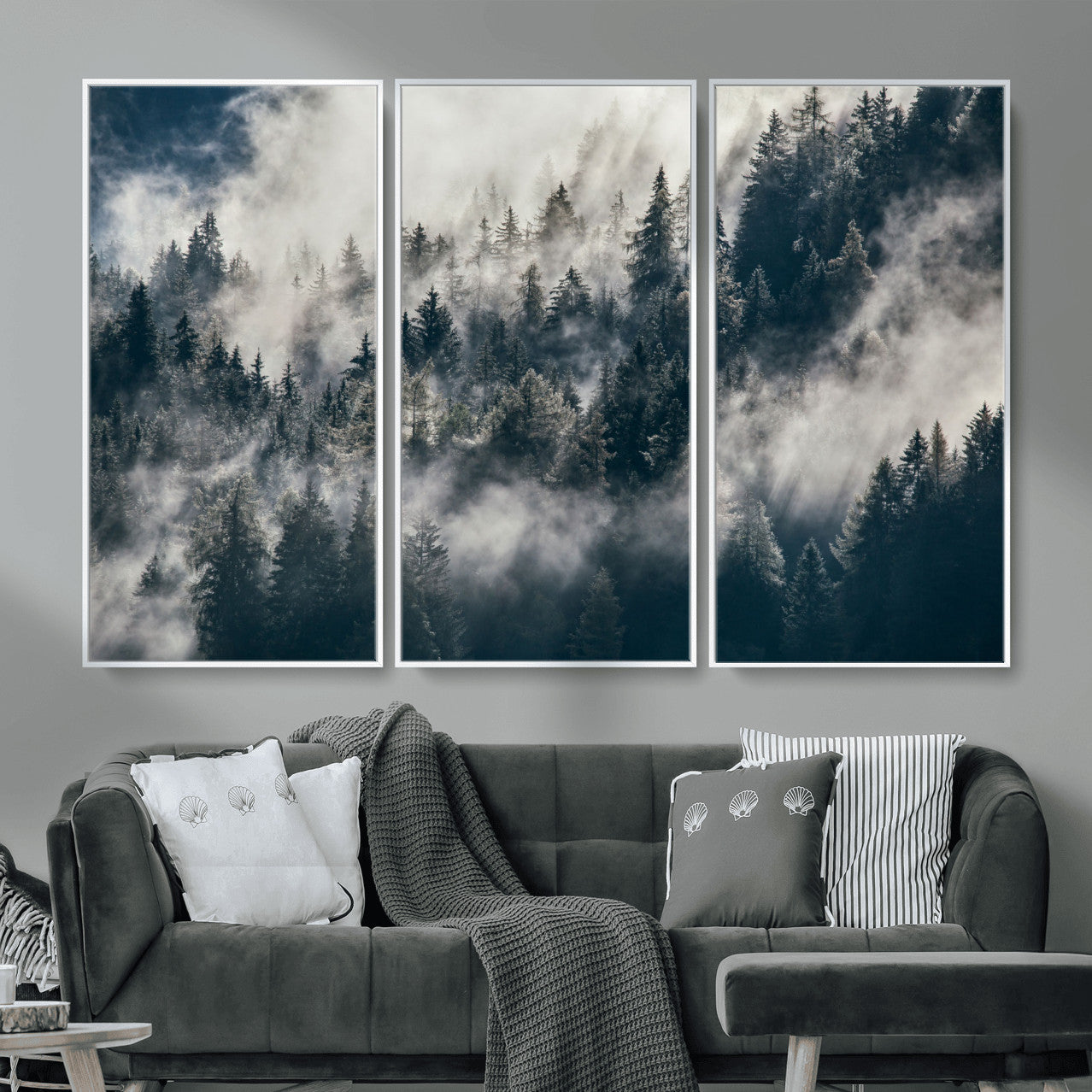 270372951-MGV-FC-48X32-3P - Misty Pine Forest Canvas Wall Art – Dark Forest Mountaing and Nature Landscape Print, Horizontal Canvas Print