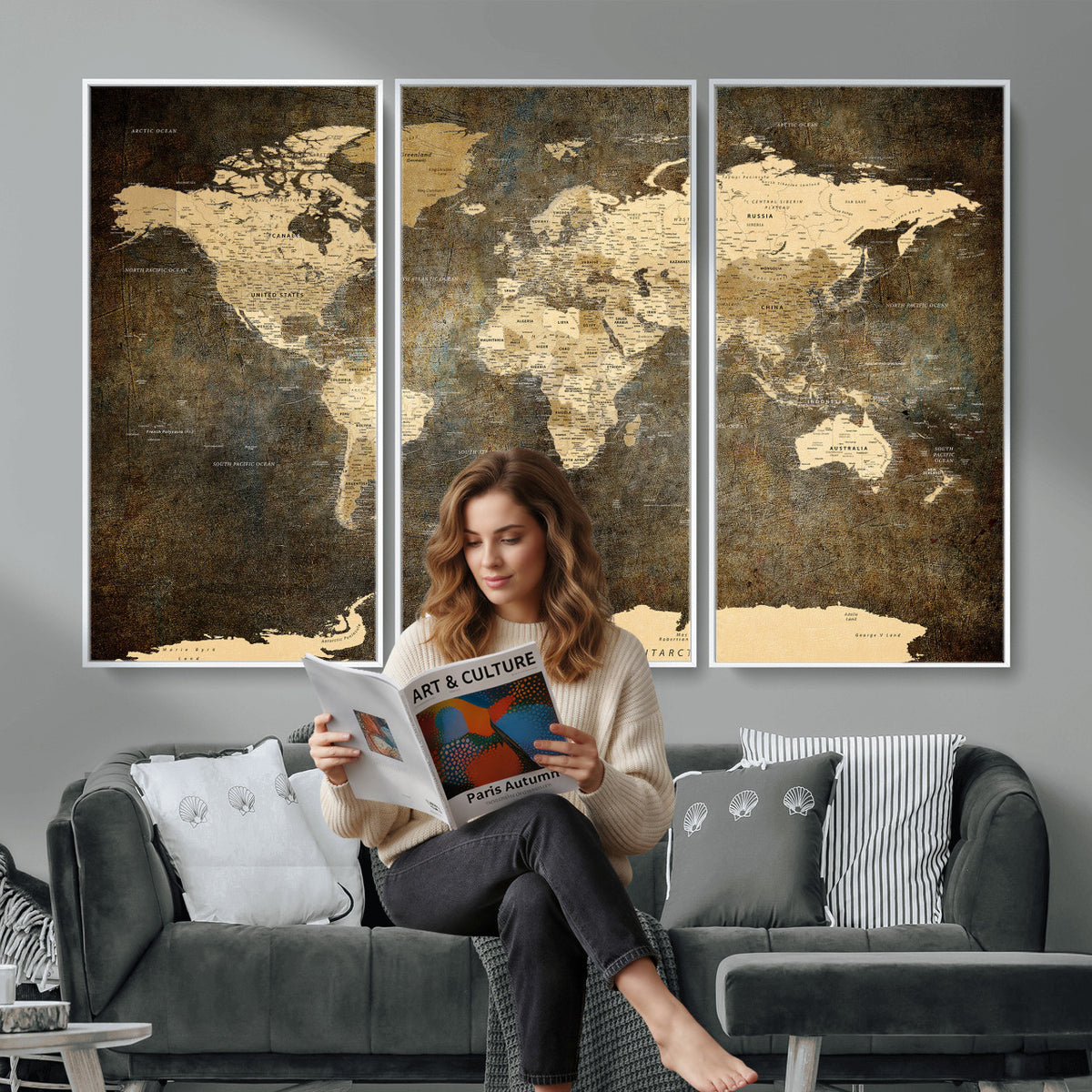 89742472-MGV-CV-36X24 - Large Framed Vintage World Map Wall Art Print for Home Wall
