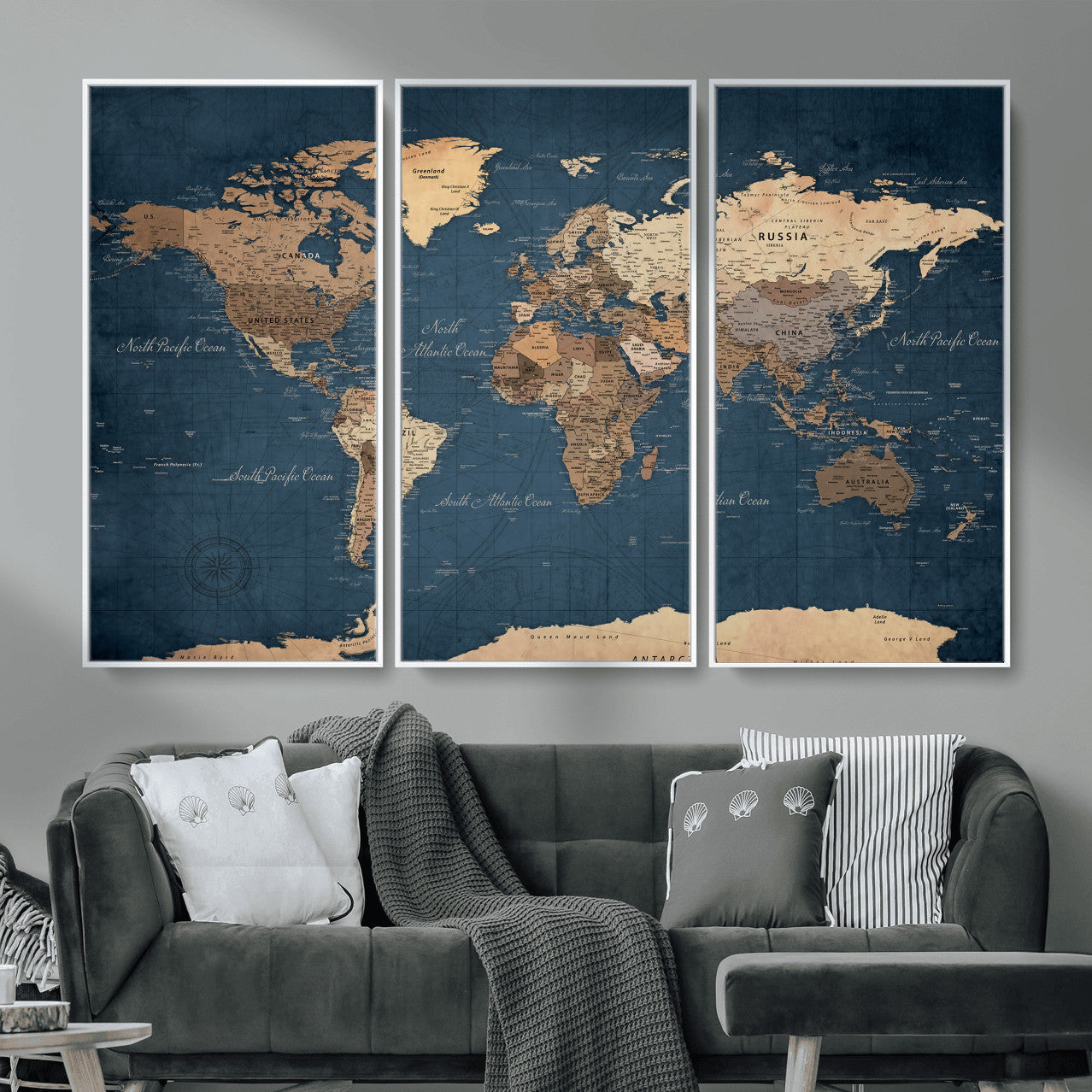 69886352-MGV-CV-36X24 - World Map Wall Art Canvas Print, Modern Decorative Framed Map Artwork Prints for Living Room, Office, Bedroom Wall Decor