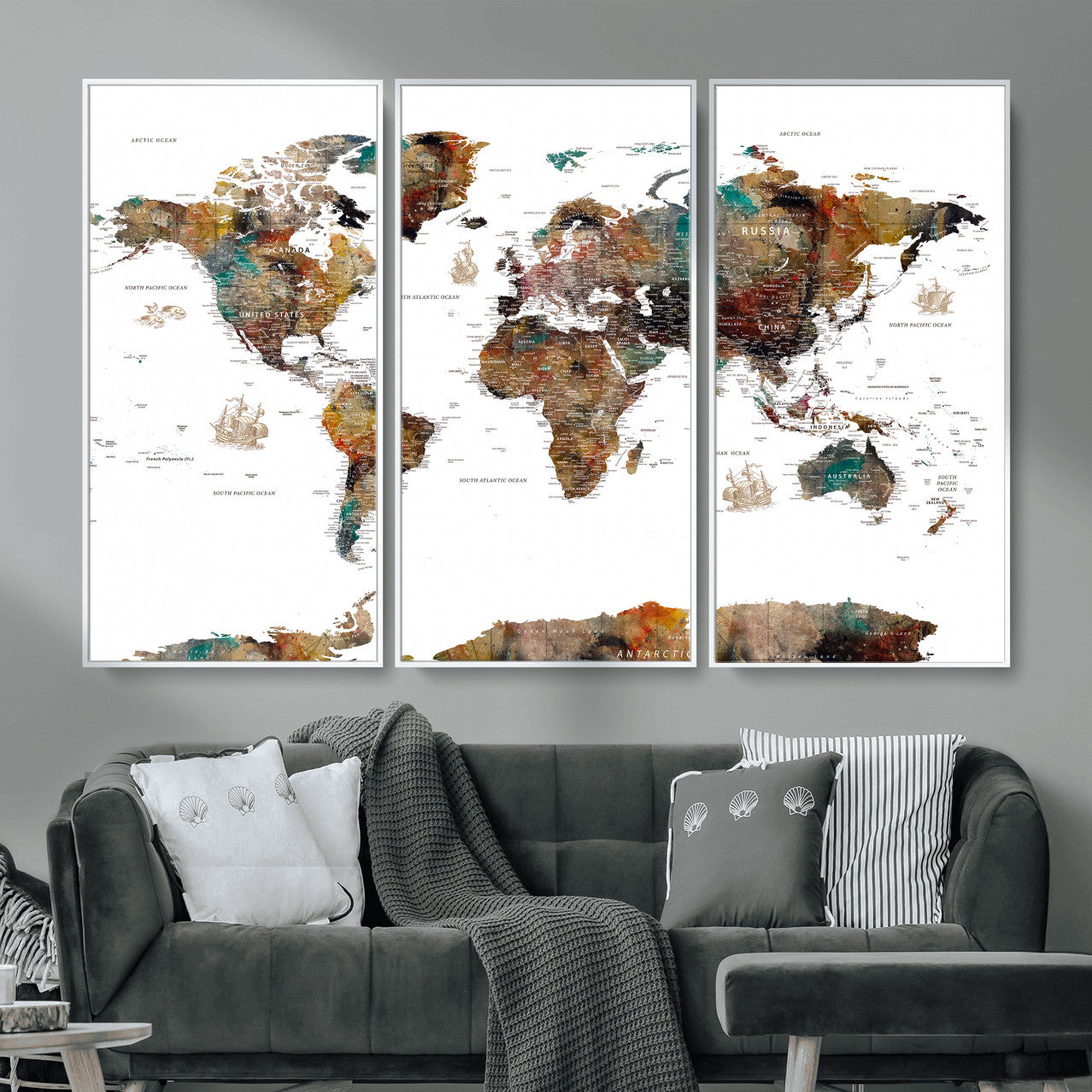 82293175-MGV-CV-36X24 - World Map Wall Art Canvas Print, Modern Decorative Framed Map Artwork Prints for Living Room, Office, Bedroom Wall Decor