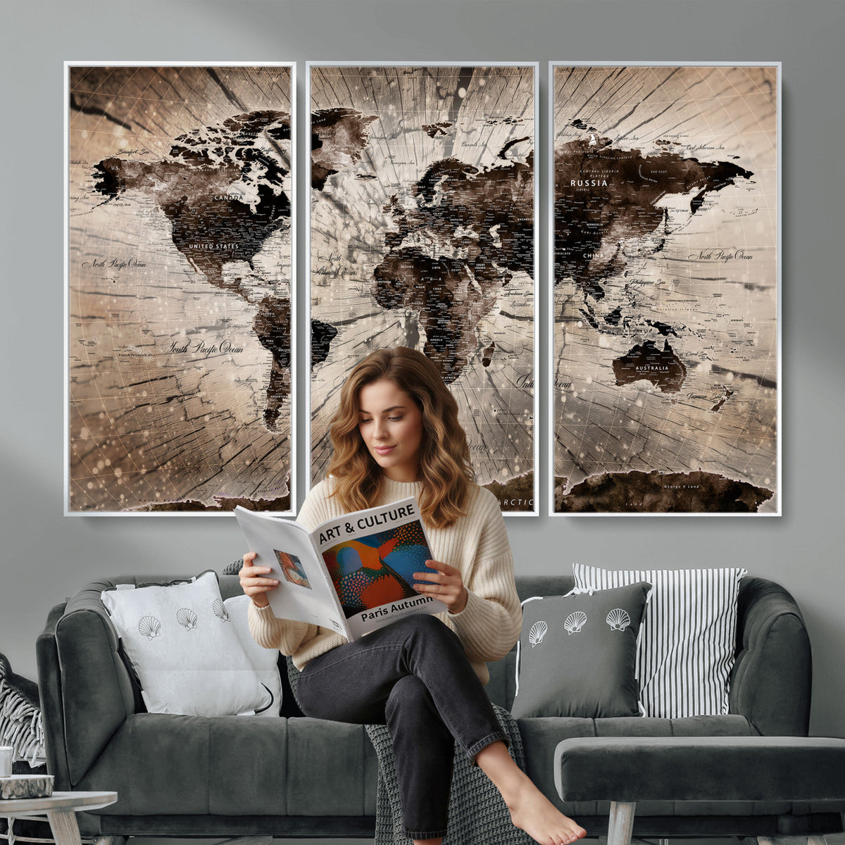 94623295-MGV-CV-36X24 - World Map Wall Art Canvas Print, Modern Decorative Framed Map Artwork Prints for Living Room, Office, Bedroom Wall Decor