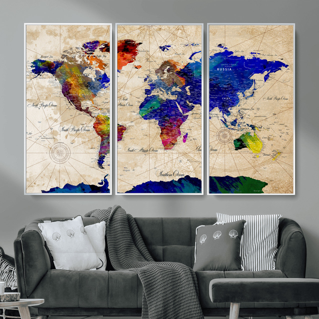 26284075-MGV-CV-36X24 - World Map Wall Art Canvas Print, Modern Decorative Framed Map Artwork Prints for Living Room, Office, Bedroom Wall Decor