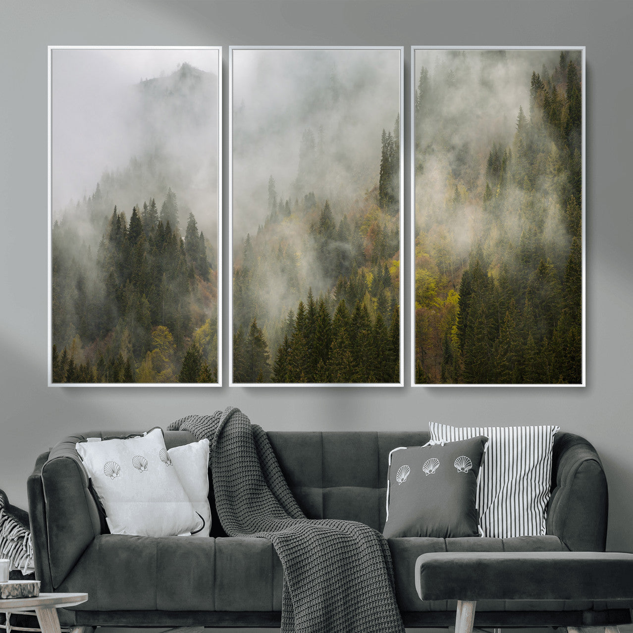 31152954-MGV-CV-36X24 - Misty Mountain Forest Canvas Print, Foggy Pine Trees Nature Wall Art, Framed Canvas Ready to Hang