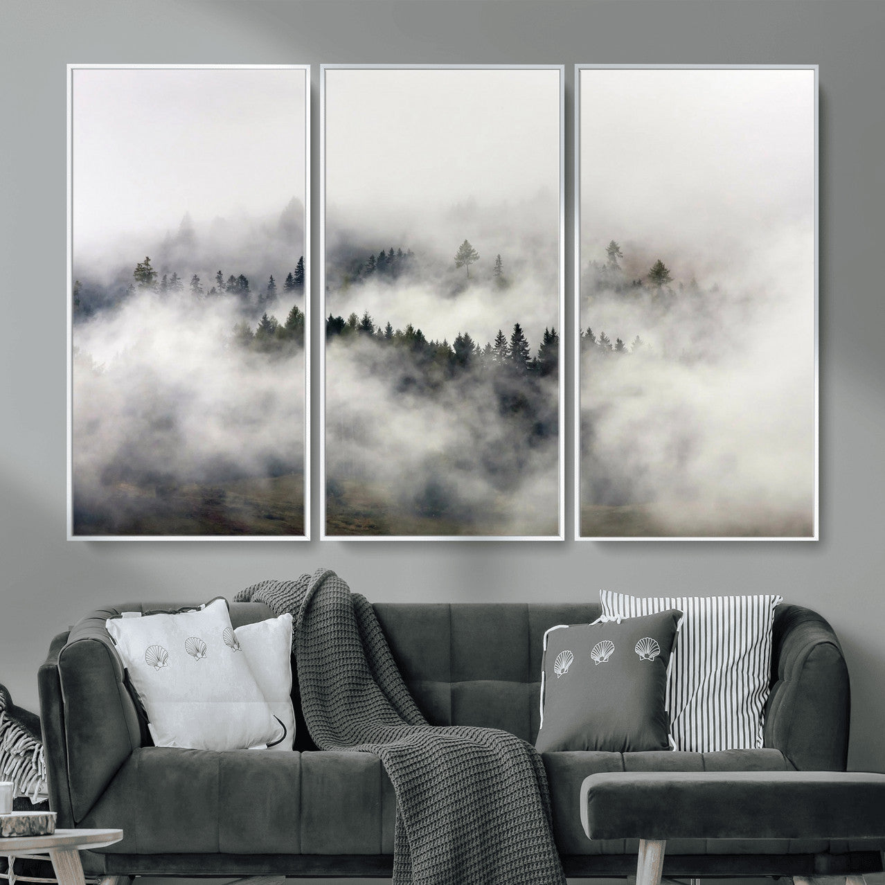 63235457-MGV-CV-36X24 - Foggy Forest Wall Art Canvas Print, Misty Pine Tree Landscape Wall Art Print, Framed Wall Art Ready to Hang