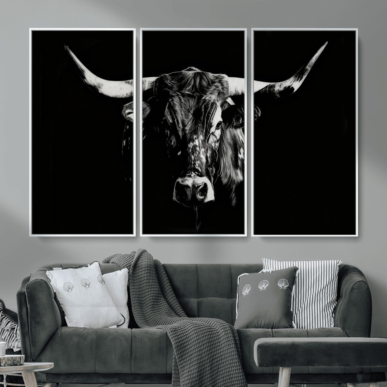 21436434-MGV-CV-36X24 - Black Bull Wall Art Canvas Print, Dark Longhorn Portrait Photography, Framed Wall Art Ready to Hang
