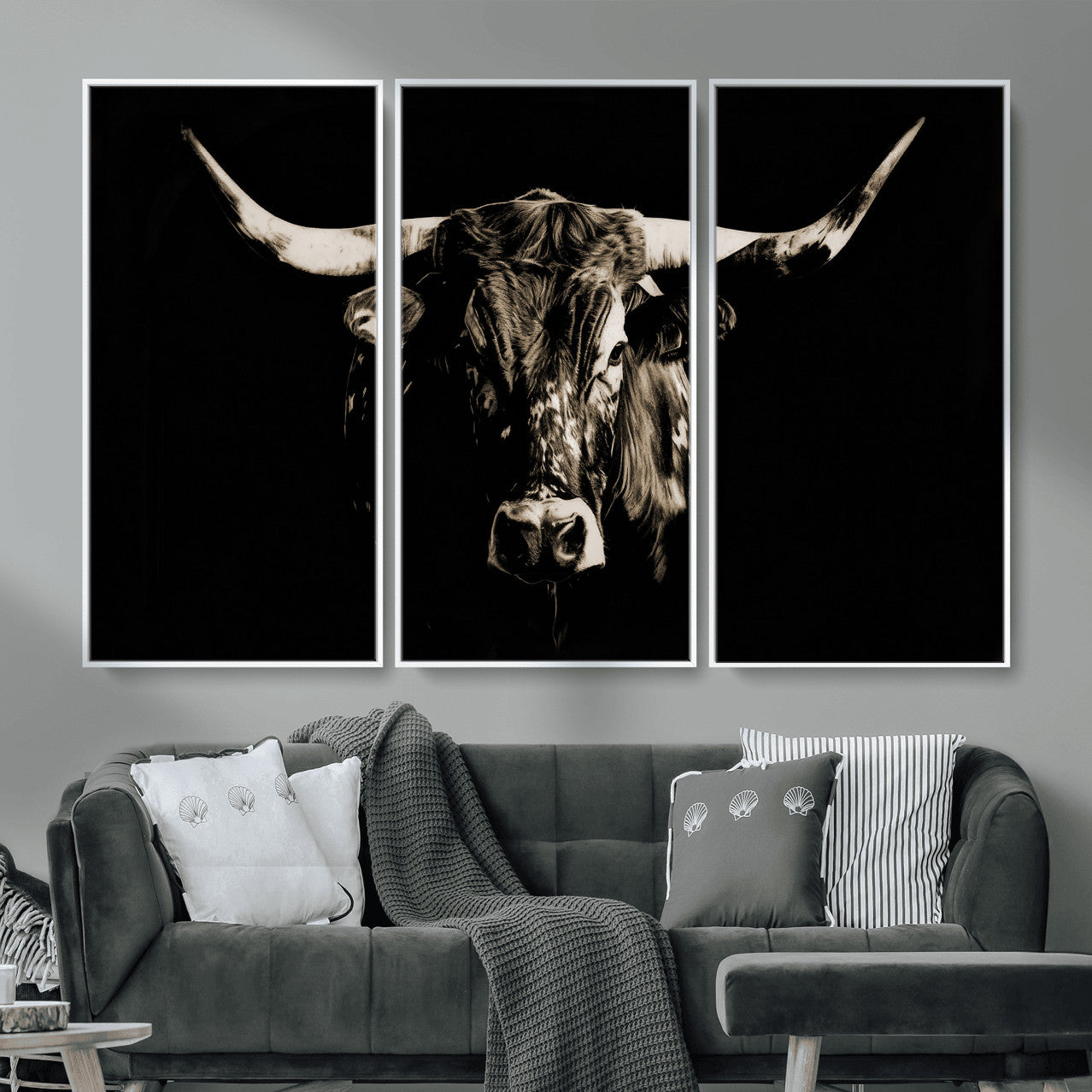 75774468-MGV-CV-36X24 - Black Bull Wall Art Canvas Print, Dark Longhorn Portrait Photography, Framed Wall Art Ready to Hang