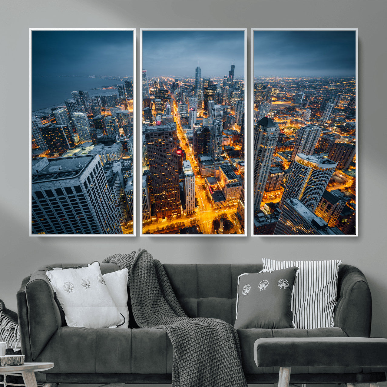 81742538-MGV-CV-36X24 - Chicago Wall Art Canvas Print, Chicago City Downtown Night Cityscape Print for Modern Urban Wall Decor
