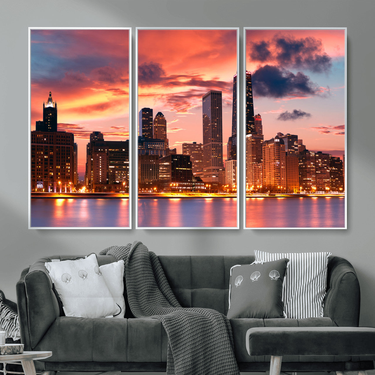 80390109-MGV-CV-36X24 - Chicago Wall Art Canvas Print, Chicago City Downtown Night Cityscape Print for Modern Urban Wall Decor