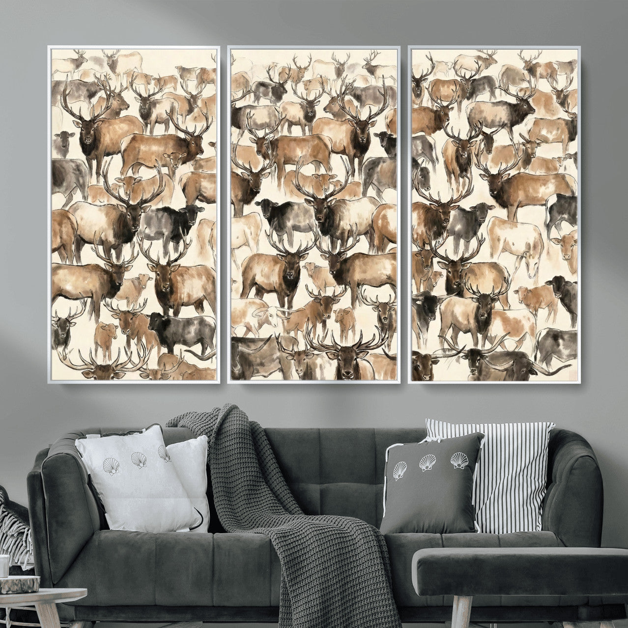24374881-MGV-CV-36X24 - Farmhouse Animals Wall Art Canvas Print - Abstract Farm Animal Drawing Mid-Century Wall Art for Cabin Decor