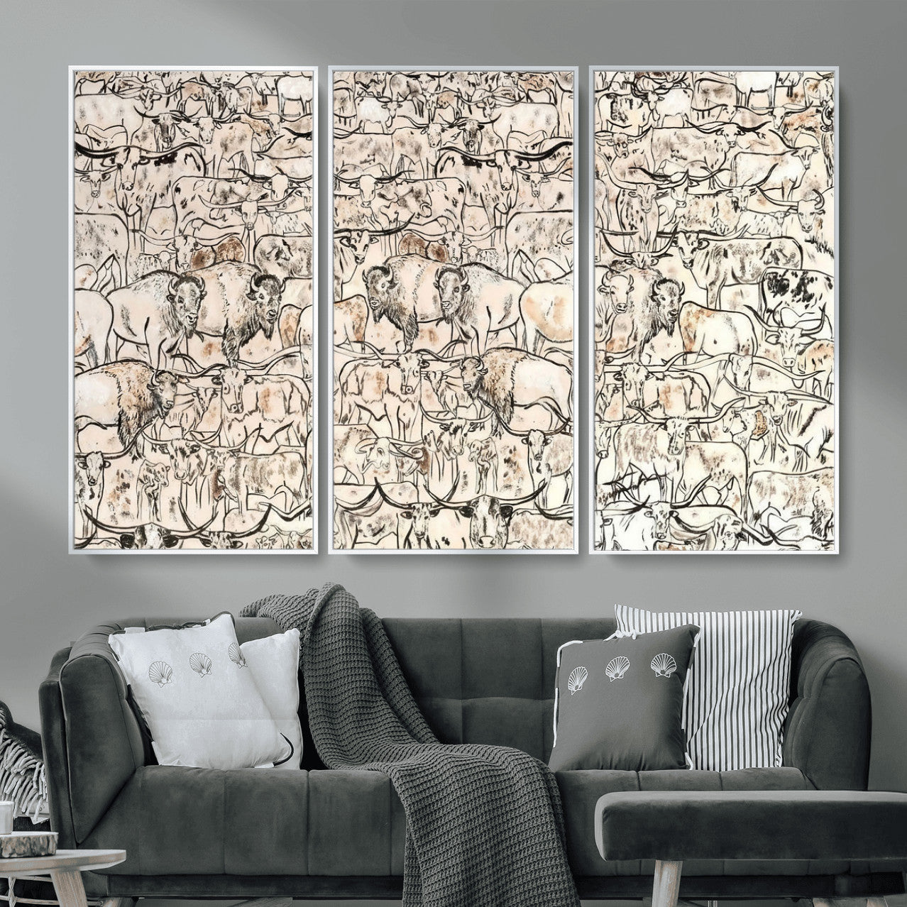 36925875-MGV-CV-36X24 - Farmhouse Animals Wall Art Canvas Print - Abstract Farm Animal Drawing Mid-Century Wall Art for Cabin Decor