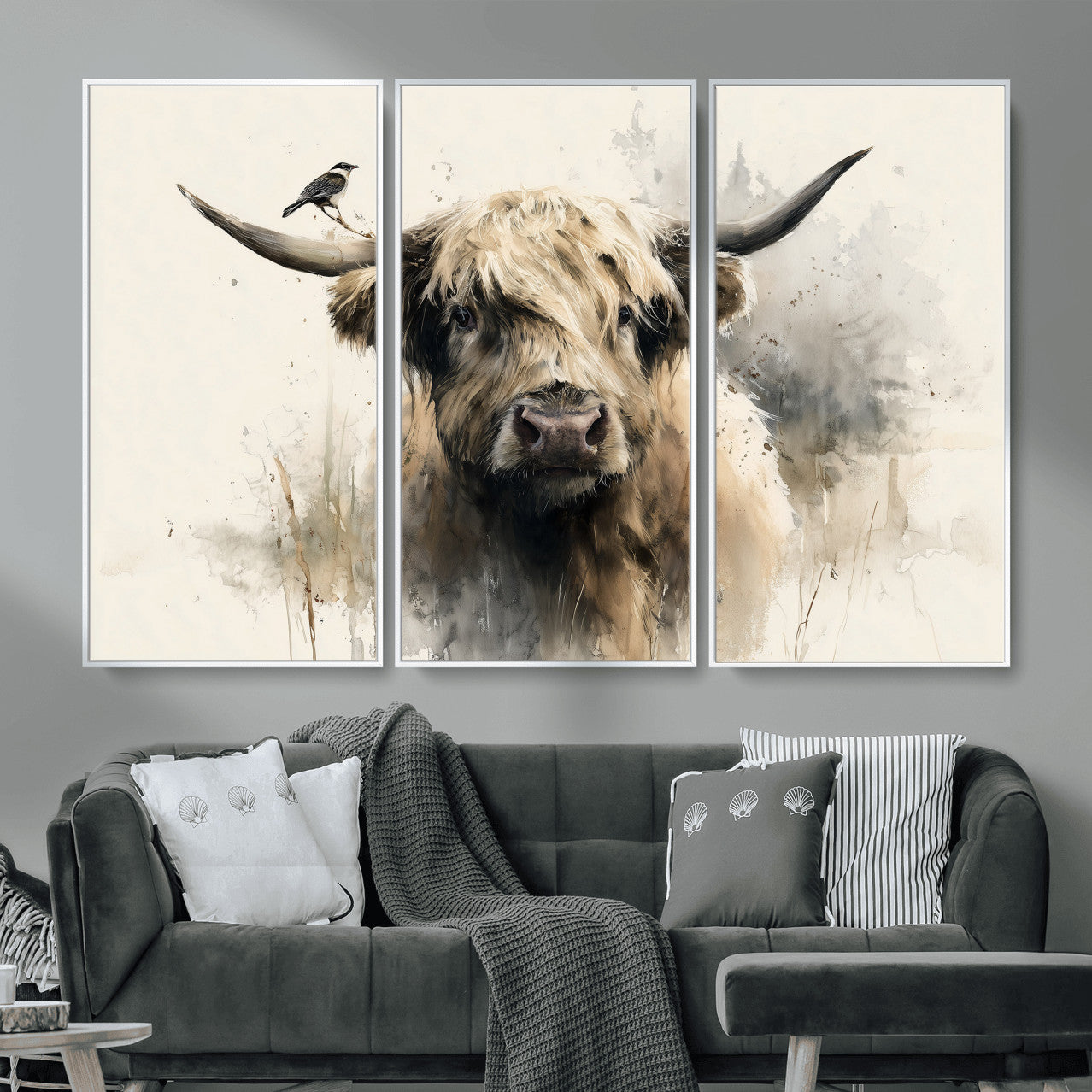 98249290-MGV-CV-36X24 - Abstract Highland Cow Watercolor Animal Wall Art Canvas Print, Rustic Farm Cattle Portrait Canvas Print, Neutral Wildlife Farmhouse Art Printing