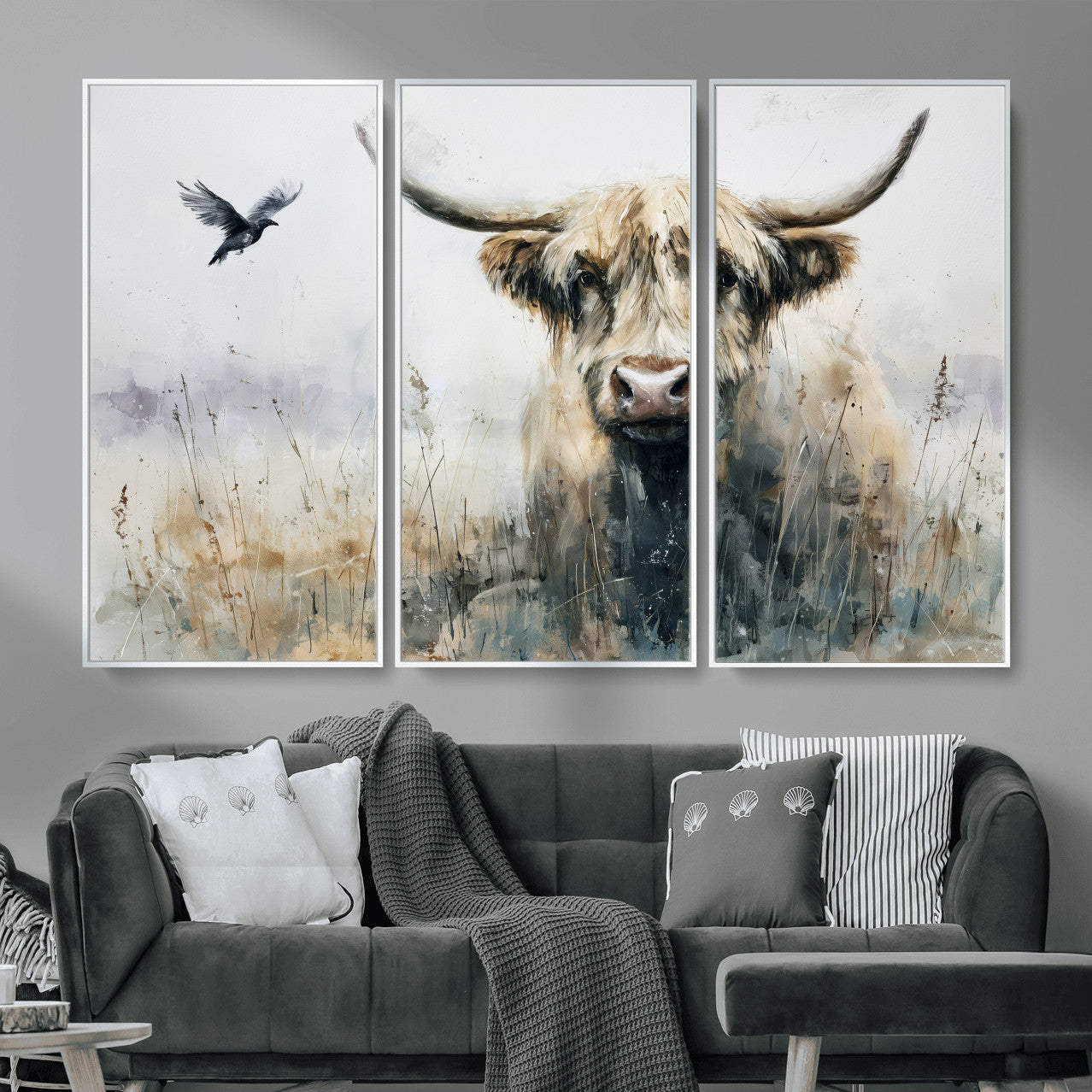 55652651-MGV-CV-36X24 - Abstract Highland Cow Watercolor Animal Wall Art Canvas Print, Rustic Farm Cattle Portrait Canvas Print, Neutral Wildlife Farmhouse Art Printing