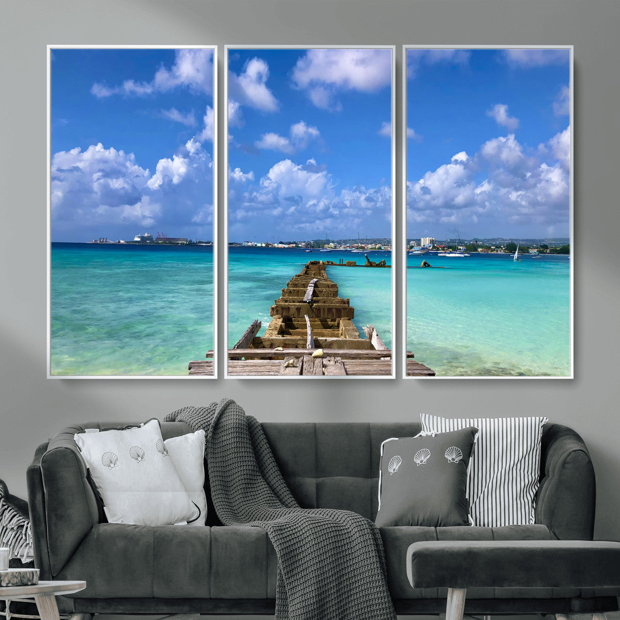 43165024-MGV-CV-36X24 - Caribbean Ocean Pier Seascape Wall Art Canvas Print, Turquoise Sea Tropical Harbor Canvas Print, Island Coastal Blue Water Scenic Art Printing