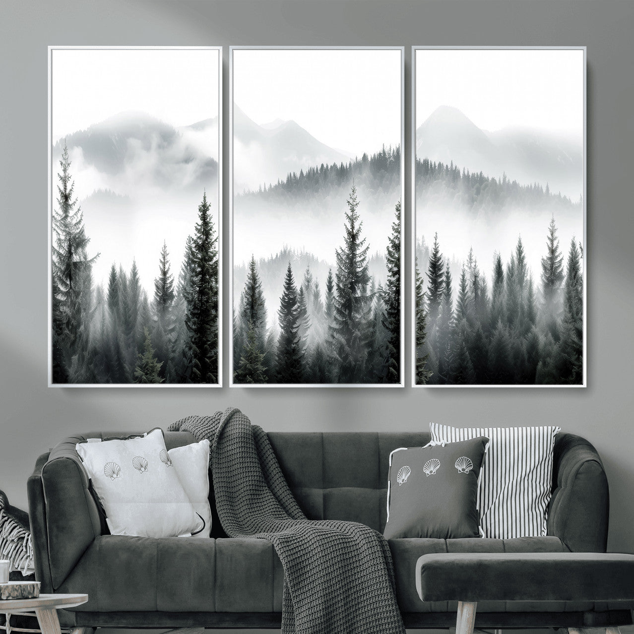38819032-MGV-CV-36X24 - Misty Pine Forest Mountain Landscape Wall Art Canvas Print, Foggy Evergreen Trees Minimal Nature Canvas Print, Monochrome Wilderness Scenic Art Printing