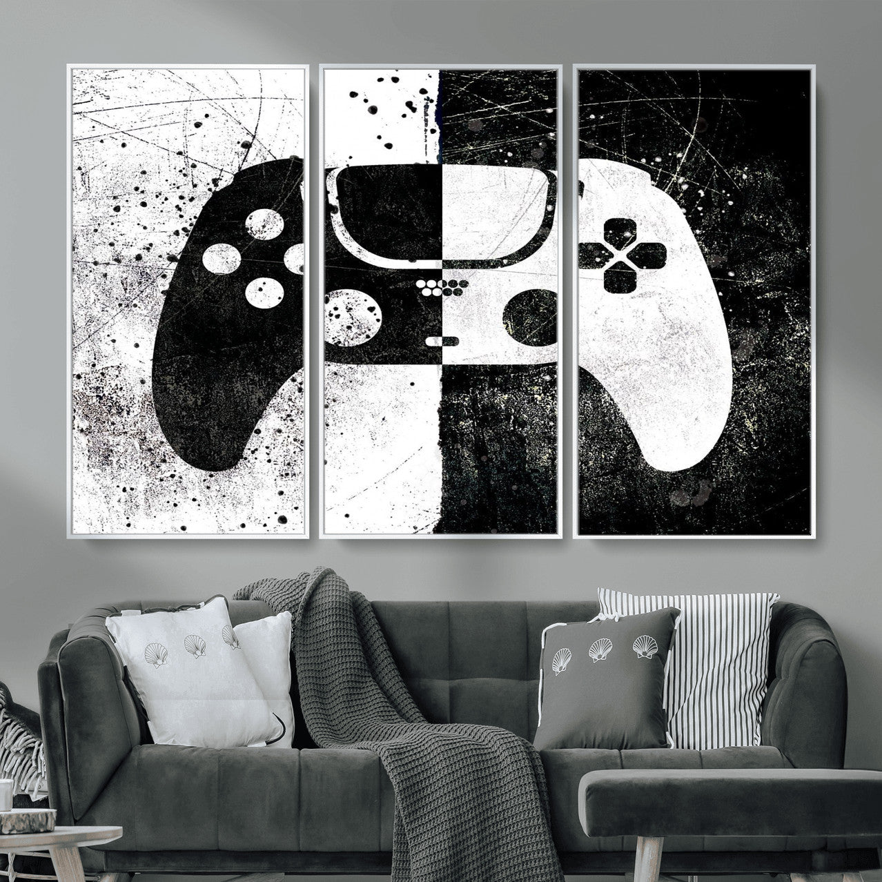 17525128-MGV-CV-36X24 - Abstract Gaming Controller Wall Art Canvas Print, Black White Video Game Controller Modern Canvas Print, Minimal Gamer Graphic Art Printing