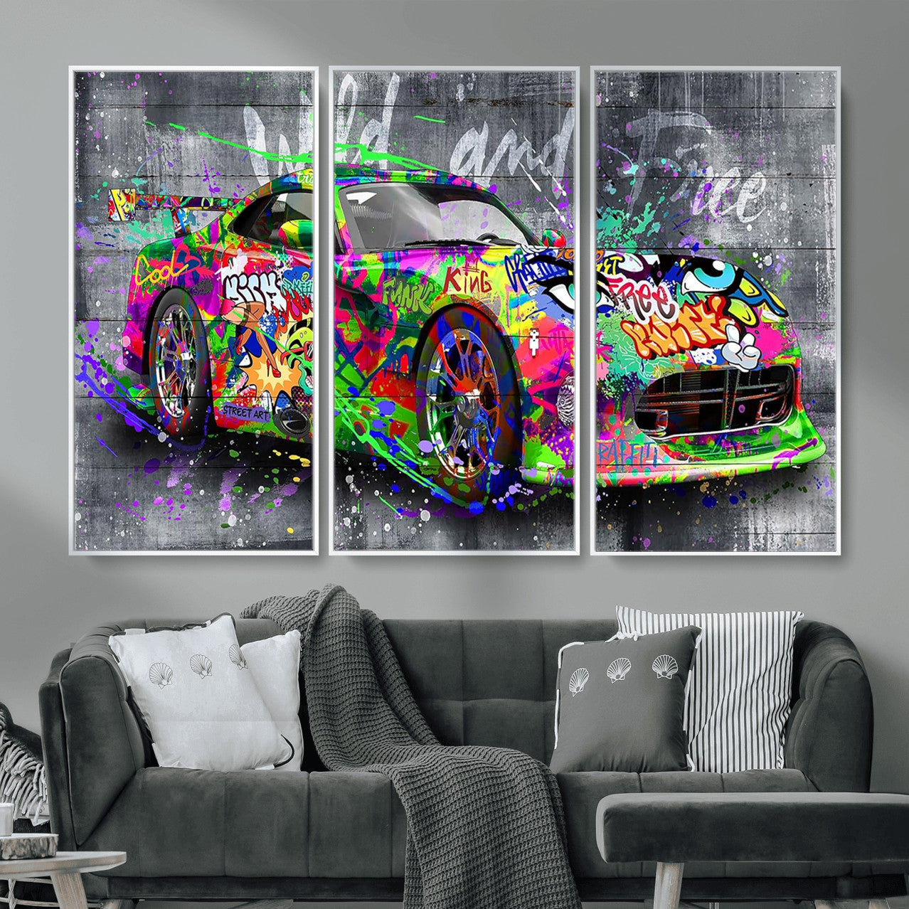 95314968-MGV-CV-36X24 - Graffiti Sports Car Street Art Wall Art Canvas Print, Colorful Urban Supercar Pop Art Canvas Print, Modern Graffiti Car Contemporary Art Printing