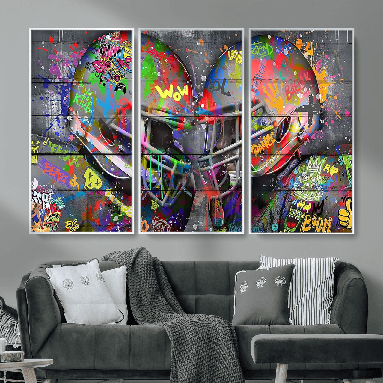 15309853-MGV-CV-36X24 - Graffiti Football Helmets Wall Art Canvas Print, Urban Street Art Sports Decor, Colorful American Football Graffiti Artwork