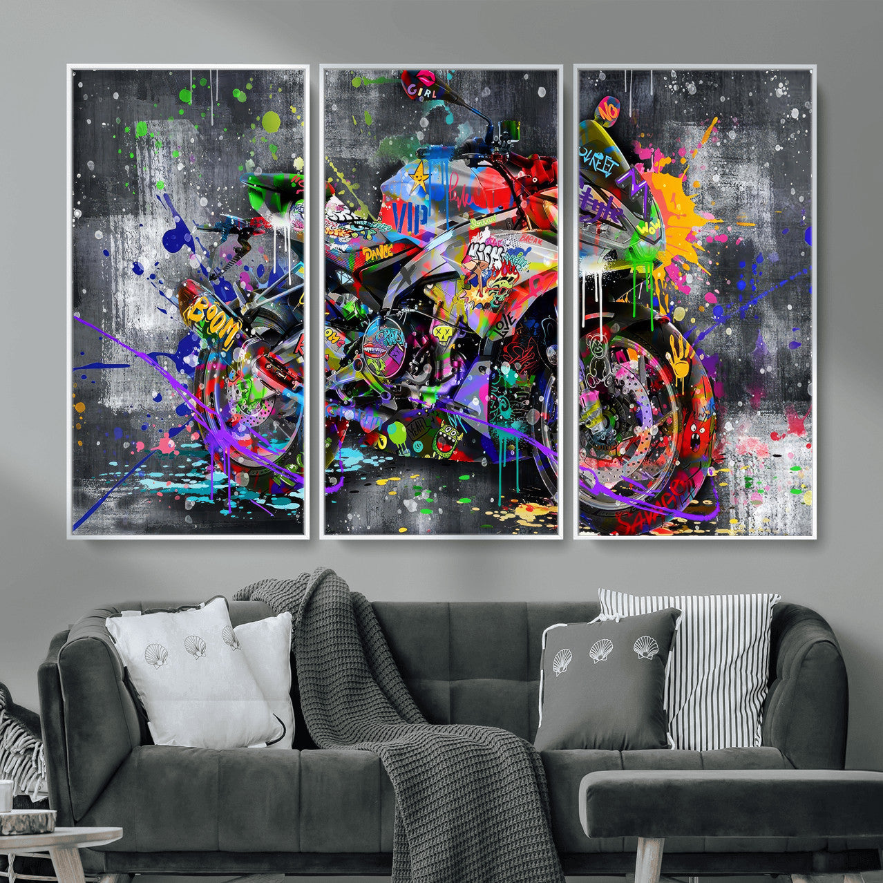83021767-MGV-CV-36X24 - Graffiti Motorcycle Wall Art Canvas Print, Urban Street Art Motorbike Decor, Colorful Graffiti Sports Bike Artwork