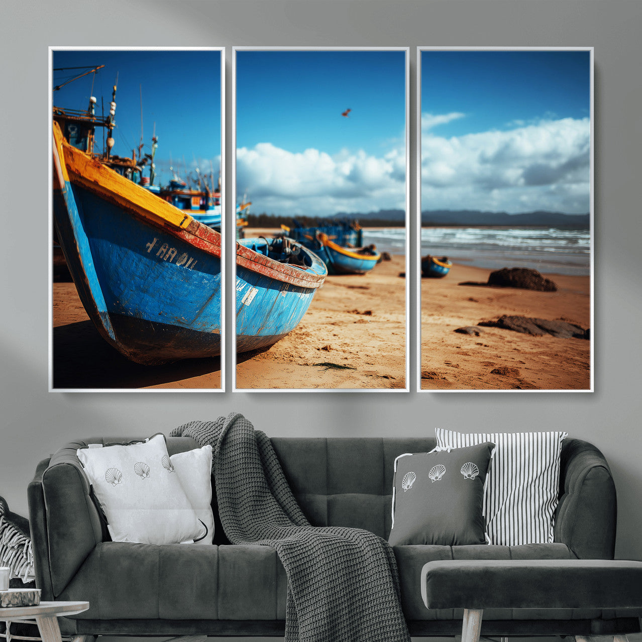 70925201-MGV-CV-36X24 - Fishing Boats Wall Art Canvas Print, Coastal Boat Beach Scene, Nautical Seaside Artwork, Ocean Shore Decor, Coastal Home Wall Art
