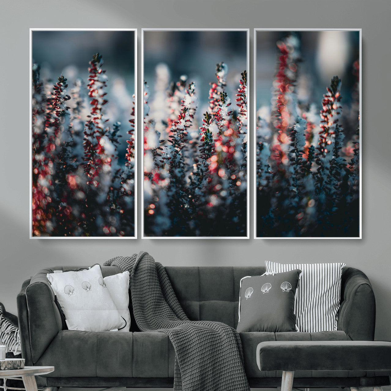82063935-MGV-CV-36X24 - Winter Heather Wall Art Canvas Print, Frosted Floral Nature Art, Moody Botanical Wall Decor