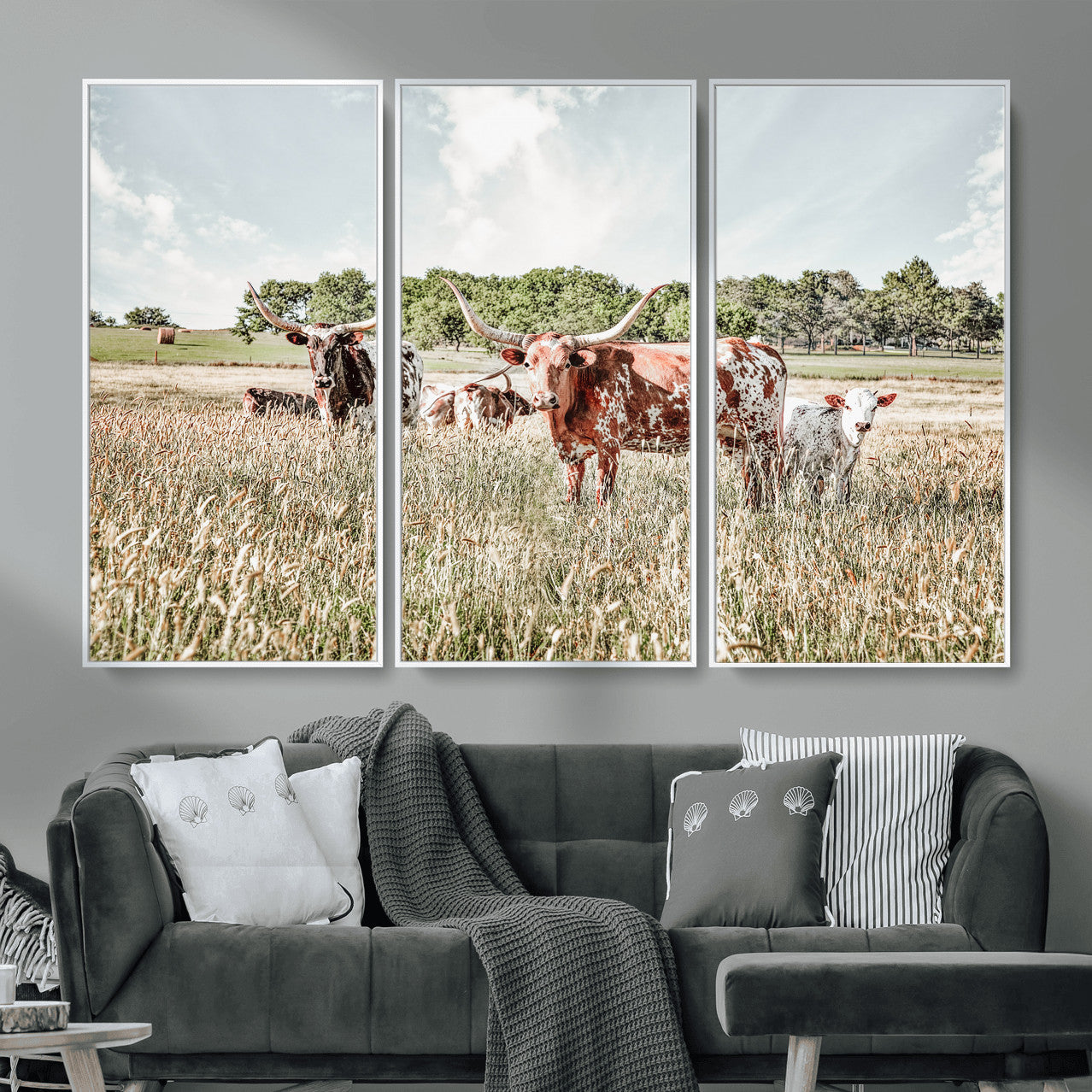 33963645-MGV-CV-36X24 - Texas Longhorn Cattle Wall Art Canvas Print, Western Ranch Landscape Nature Wall Decor for Living Room and Office