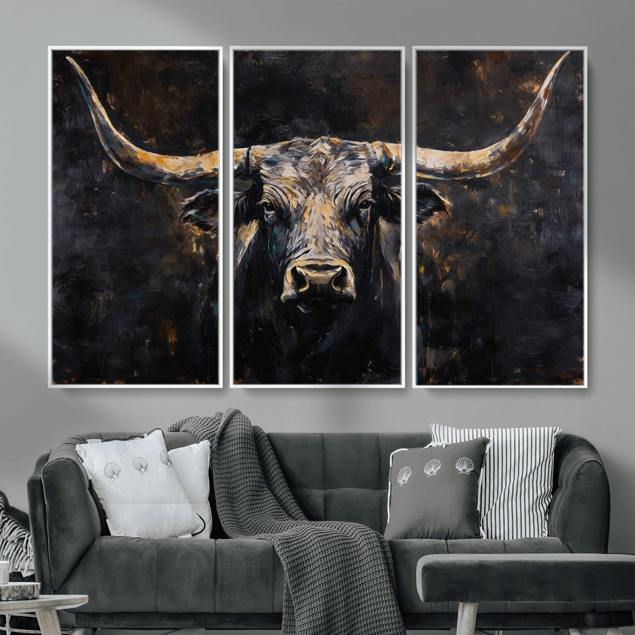 17622011-MGV-CV-36X24 - Abstract Longhorn Bull Wall Art Canvas Print – Dark Rustic Western Cattle Artwork for Farmhouse, Ranch, Cabin, and Office Decor