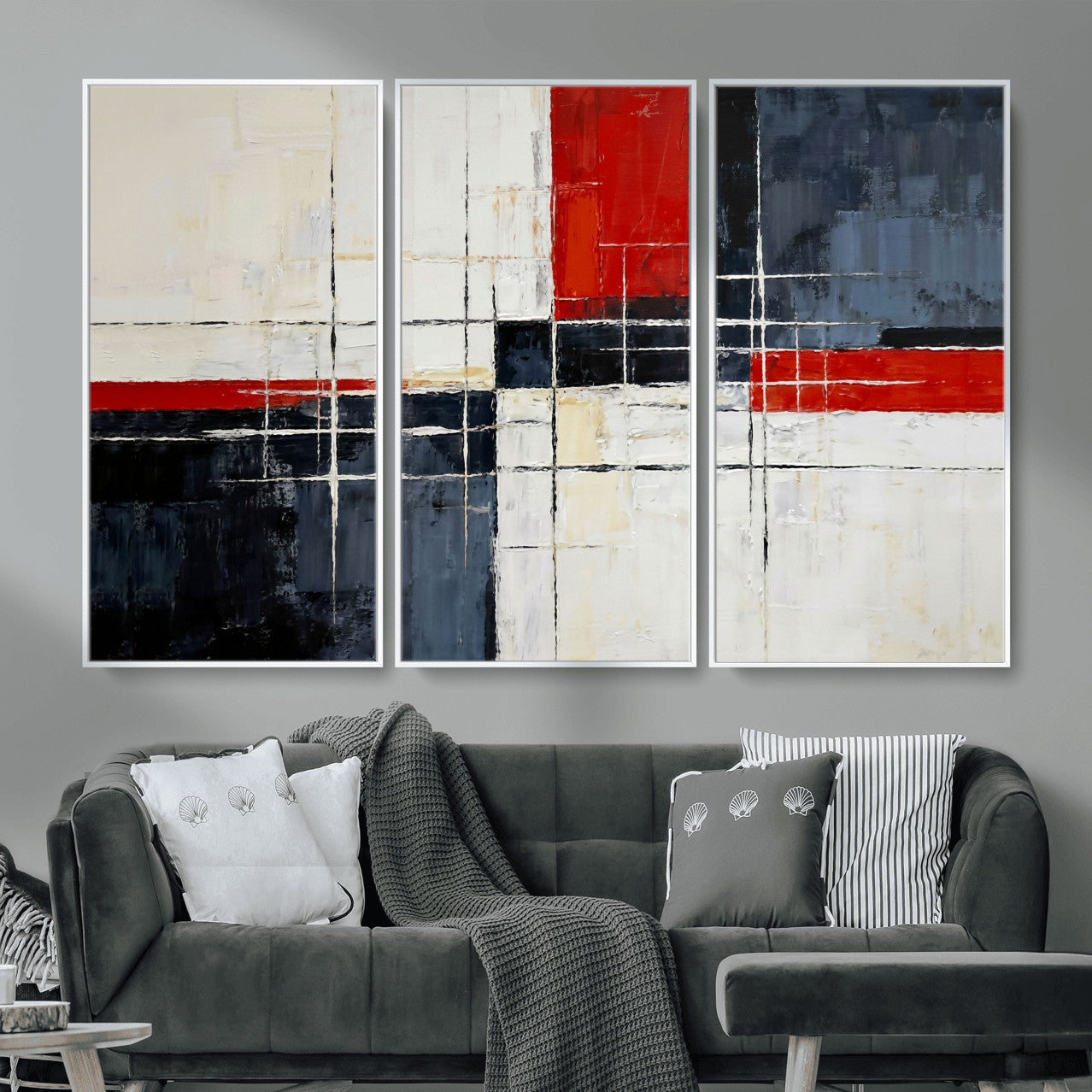 11921181-MGV-CV-36X24 - Navy Red Abstract Wall Art Canvas Print, Modern Luxury Geometric Painting Wall Decor for Living Room and Office