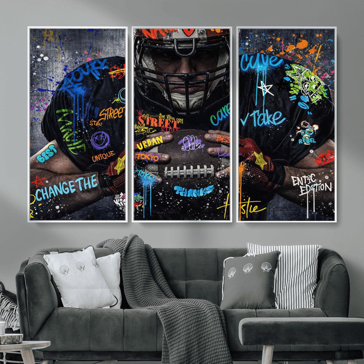 55267256-MGV-CV-36X24 - Graffiti American Football Player Street Art Wall Art Canvas Print, Urban Sports Pop Art Football Canvas Print, Modern Athletic Graffiti Contemporary Art Printing